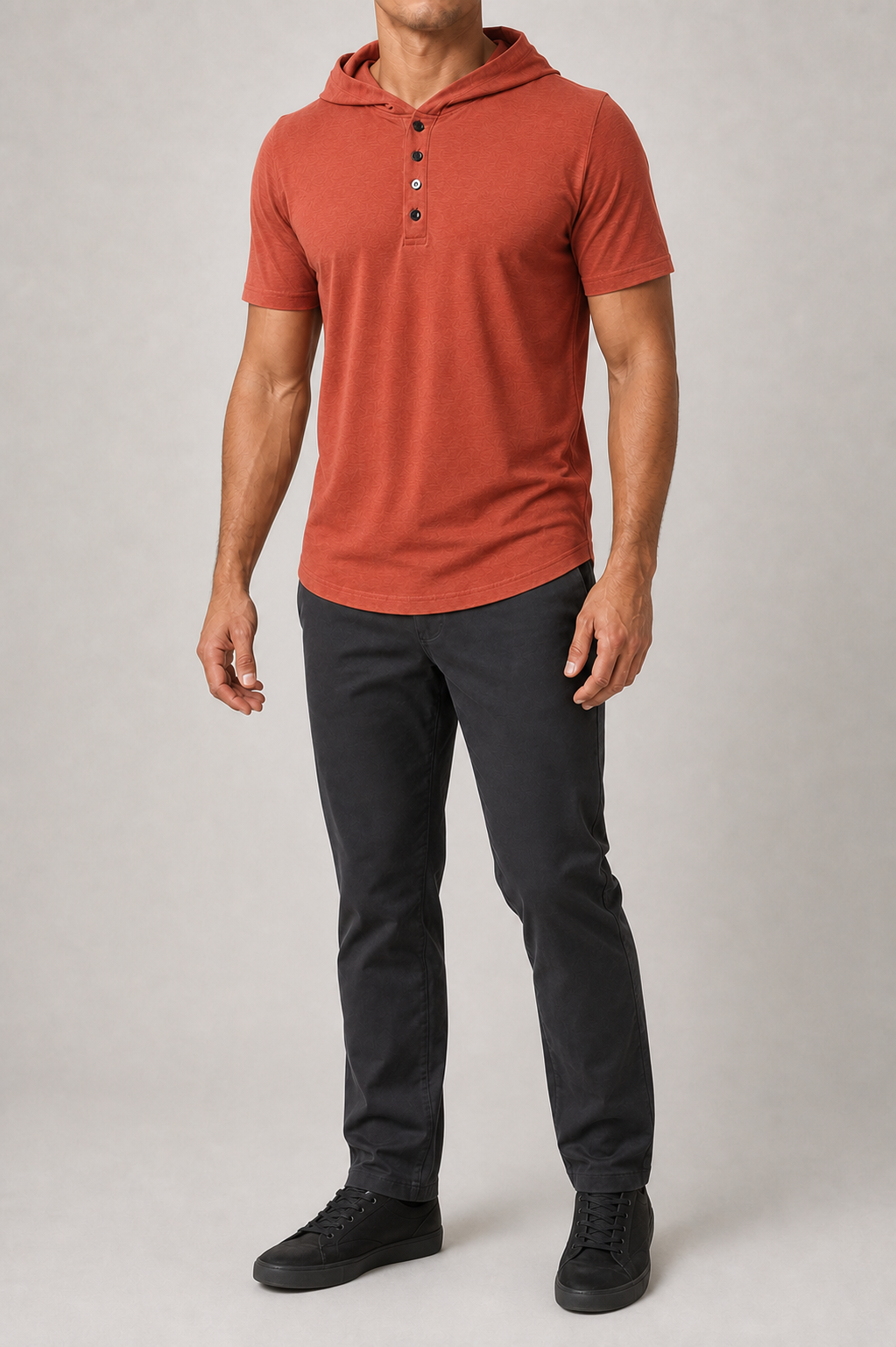Men's terracotta short-sleeve hooded Henley