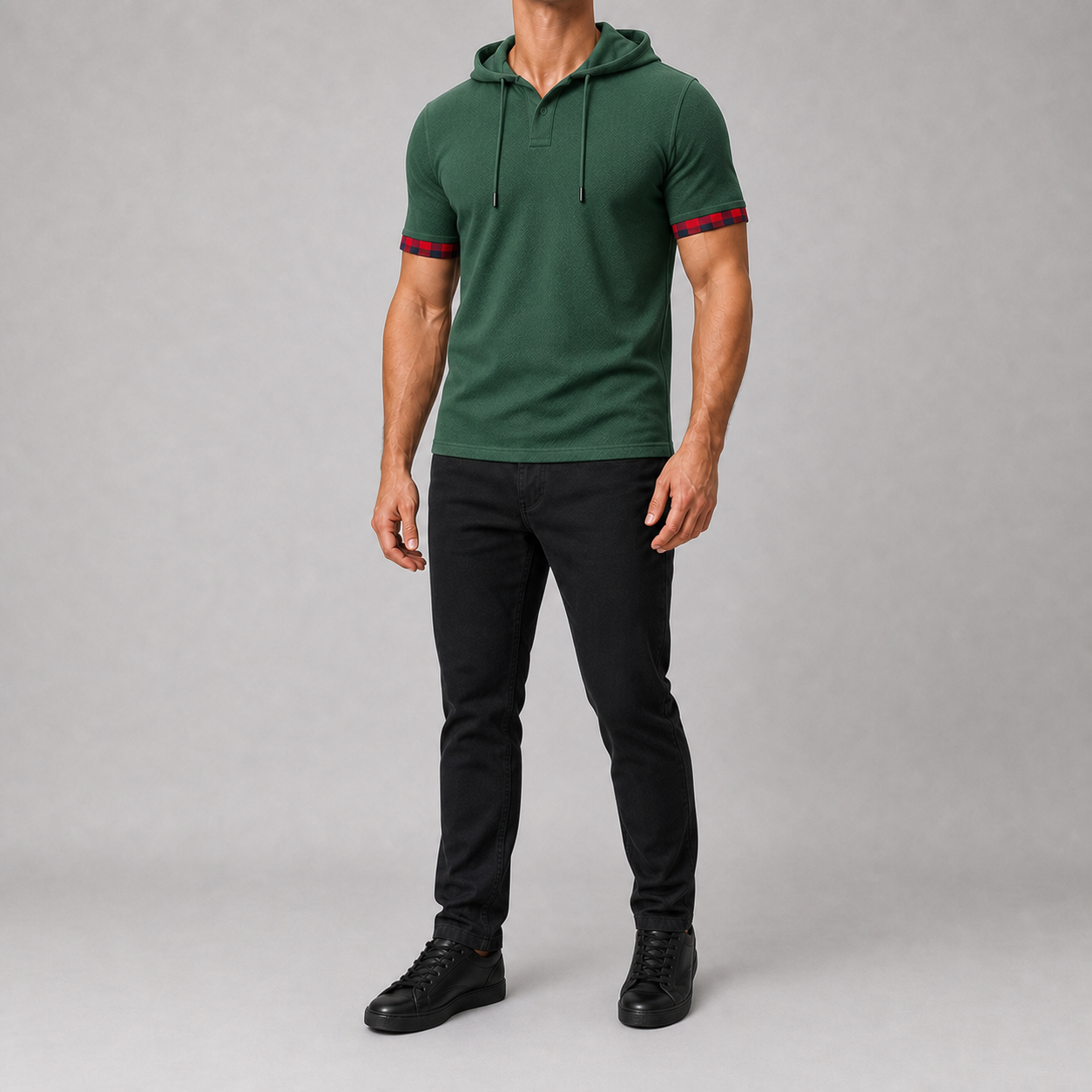 Men's hooded Henley shirt in forest green