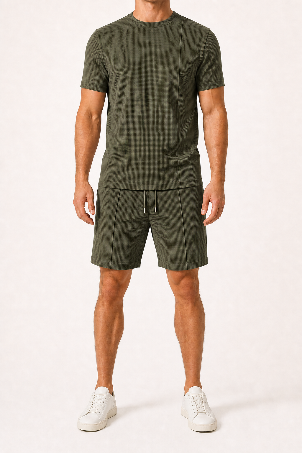 Men's waffle knit shirt and shorts set in olive green