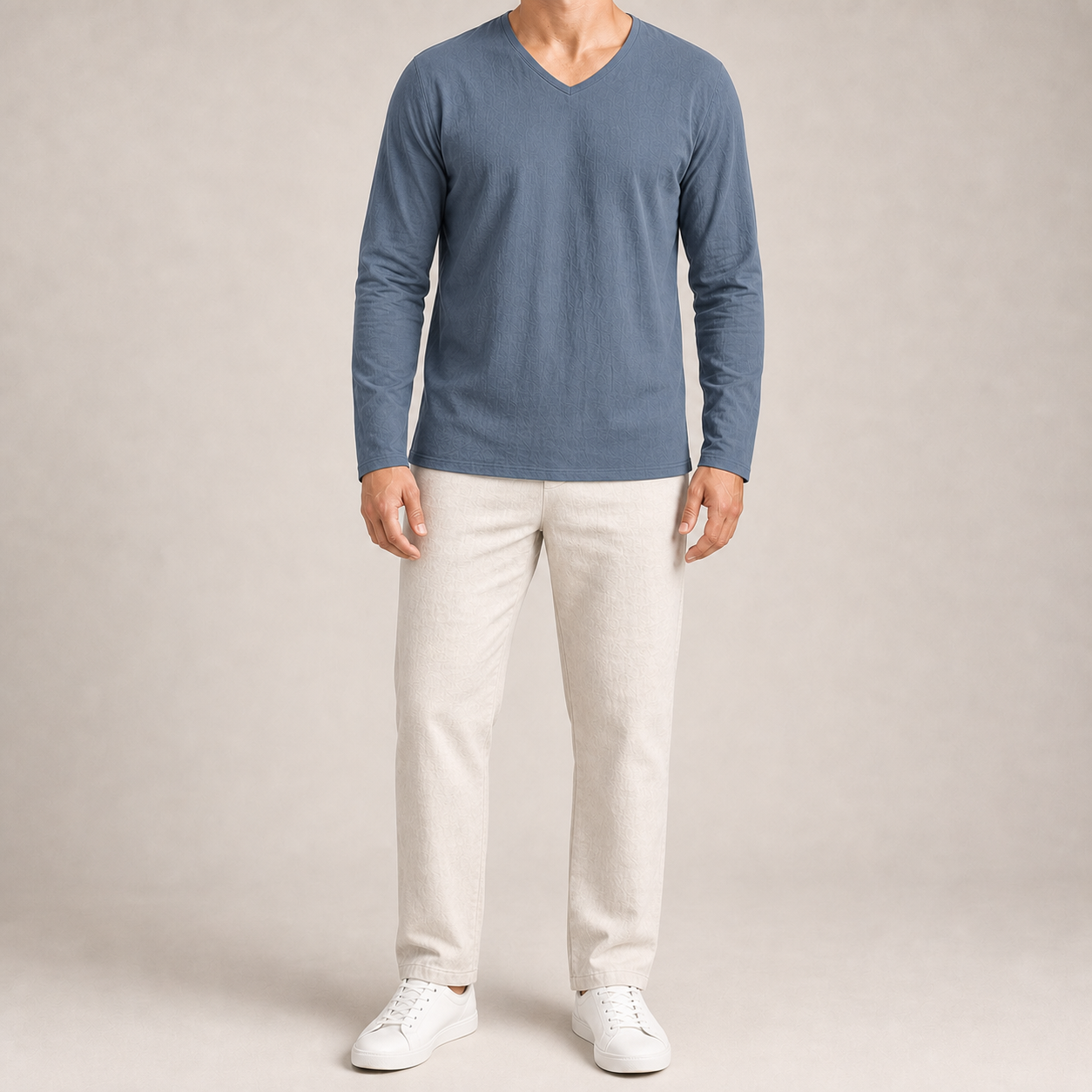Men's slate blue long-sleeve V-neck shirt