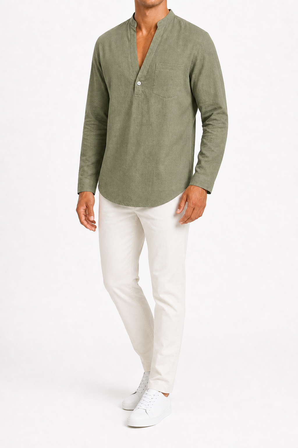 Men's olive long-sleeve split-neck shirt