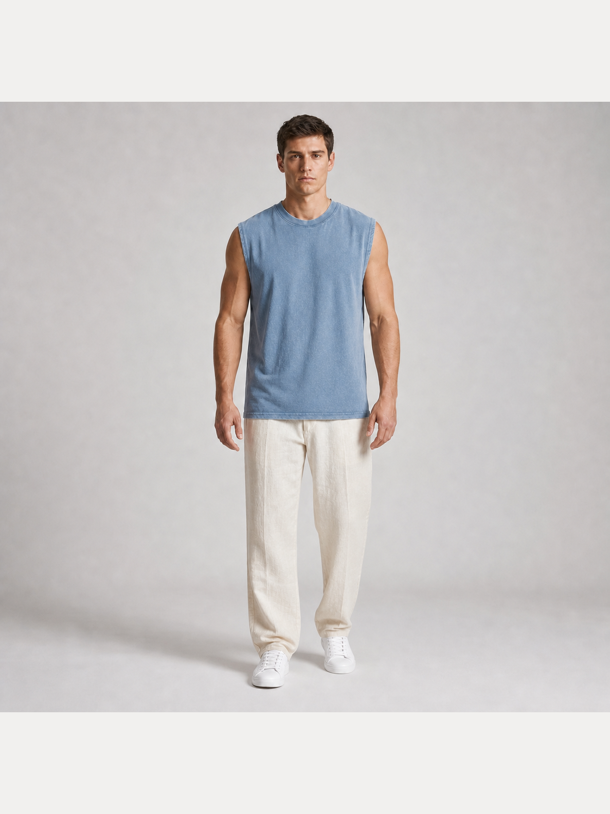 Men's washed sleeveless T-shirt in dusty blue