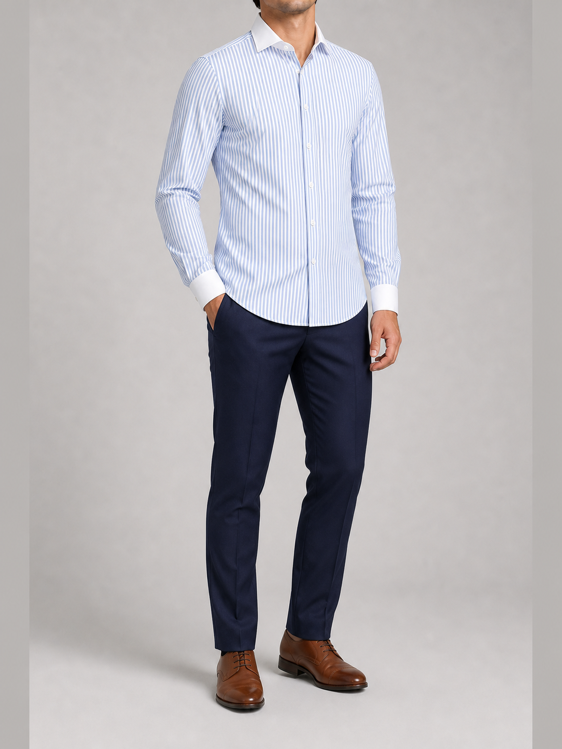 Men's sky blue vertical stripe contrast collar shirt