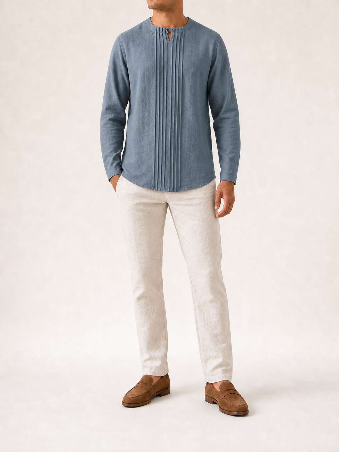 Men's slate blue pintuck keyhole shirt