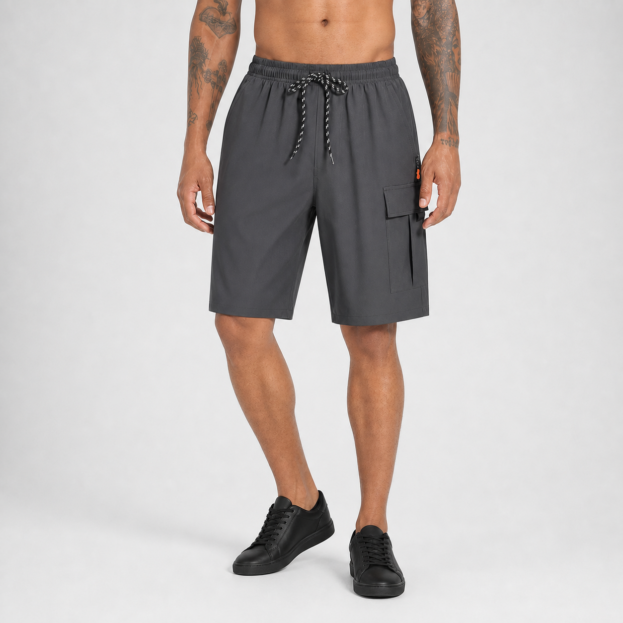 Charcoal gray men's drawstring utility cargo shorts