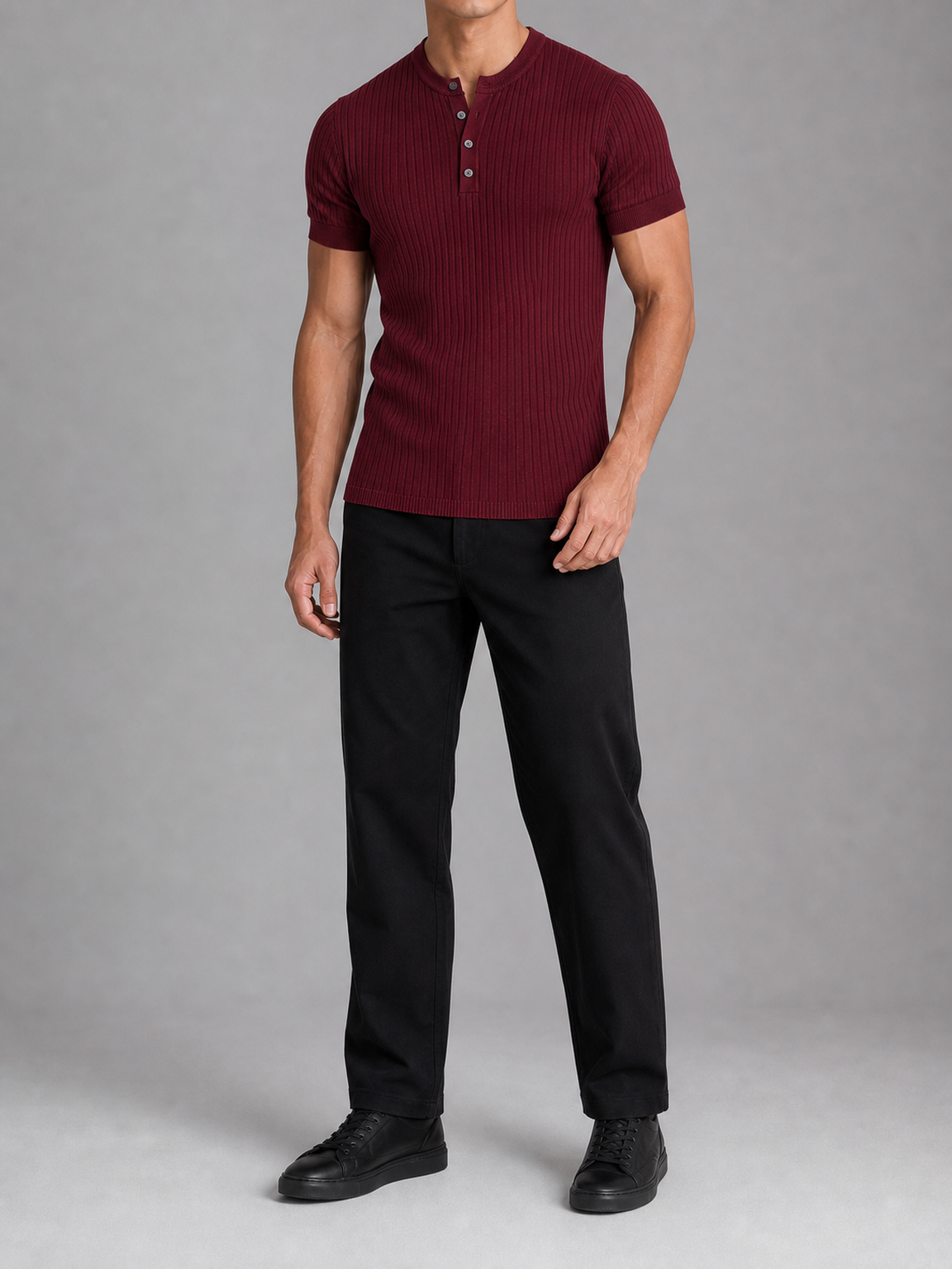 Men's burgundy fitted rib-knit four-button Henley shirt