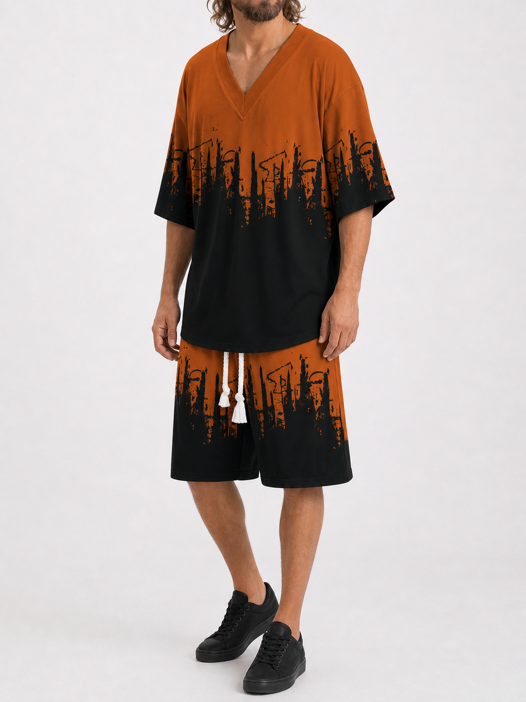 Men's burnt orange black city print two-piece set