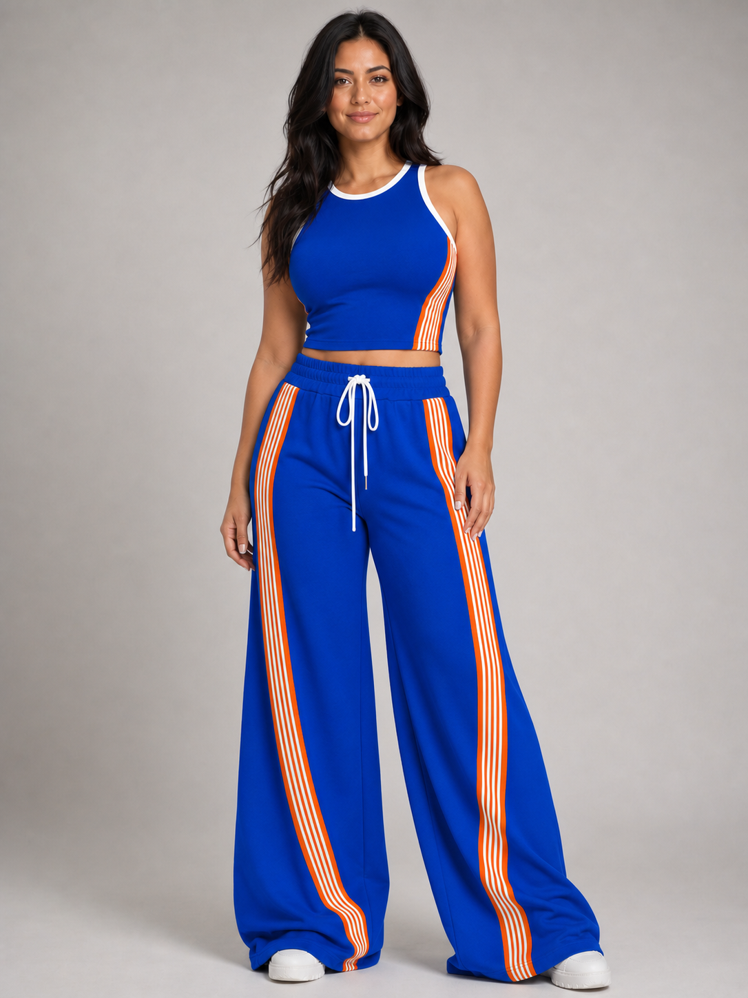 Women's royal blue contrast stripe wide-leg two-piece set