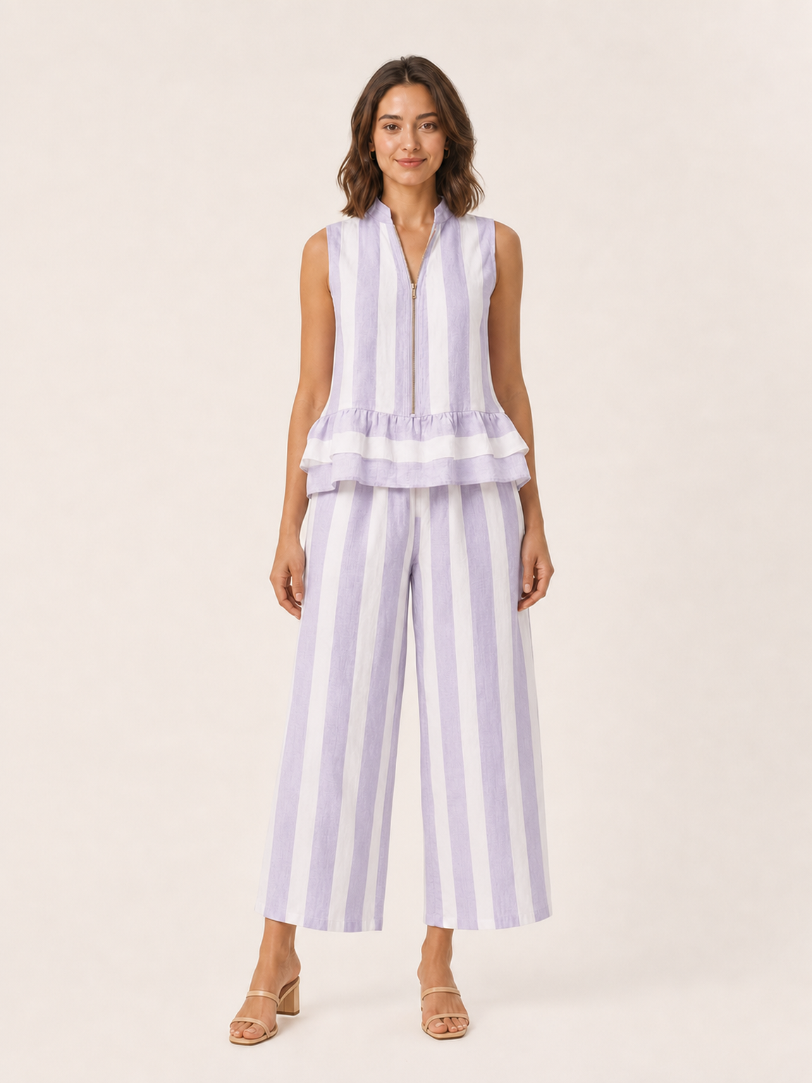 Women's soft lilac striped zip peplum wide-leg set