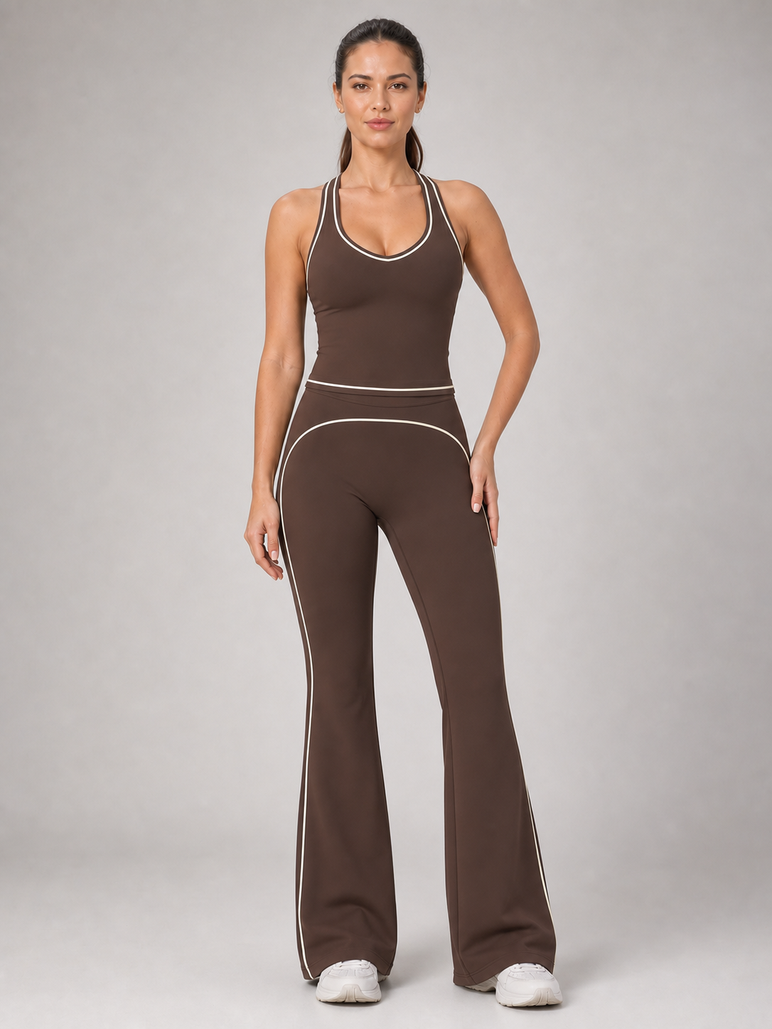 Women's chocolate brown contrast-trim flare active set