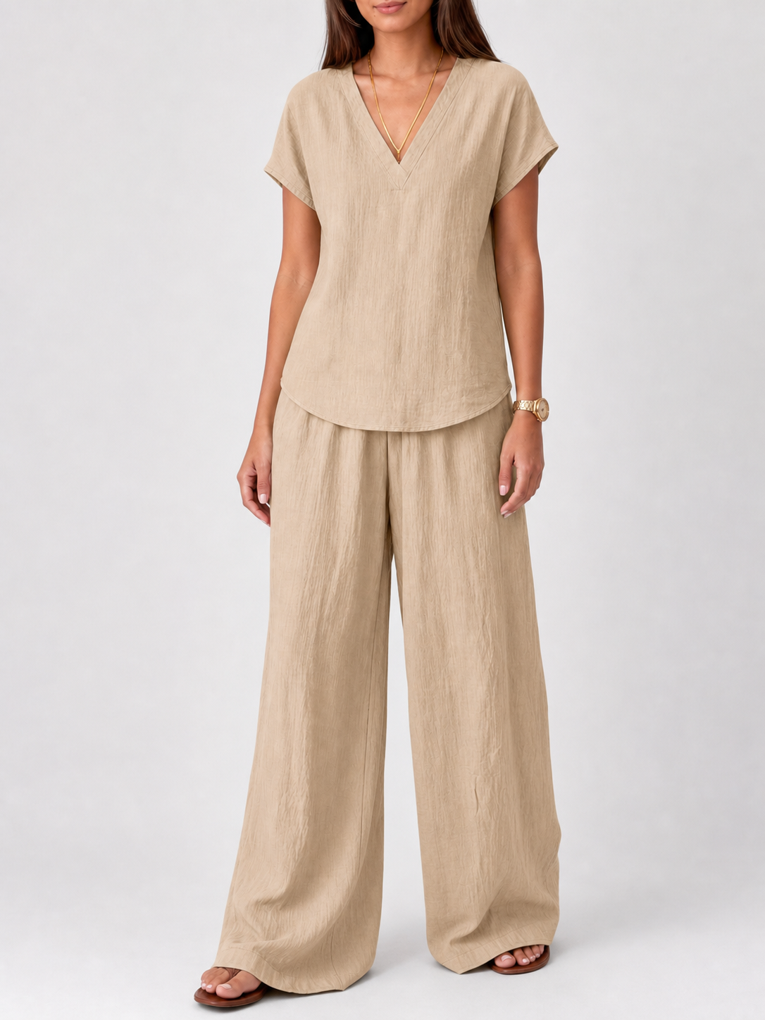 Women's sand beige crinkle tunic and wide-leg pants set