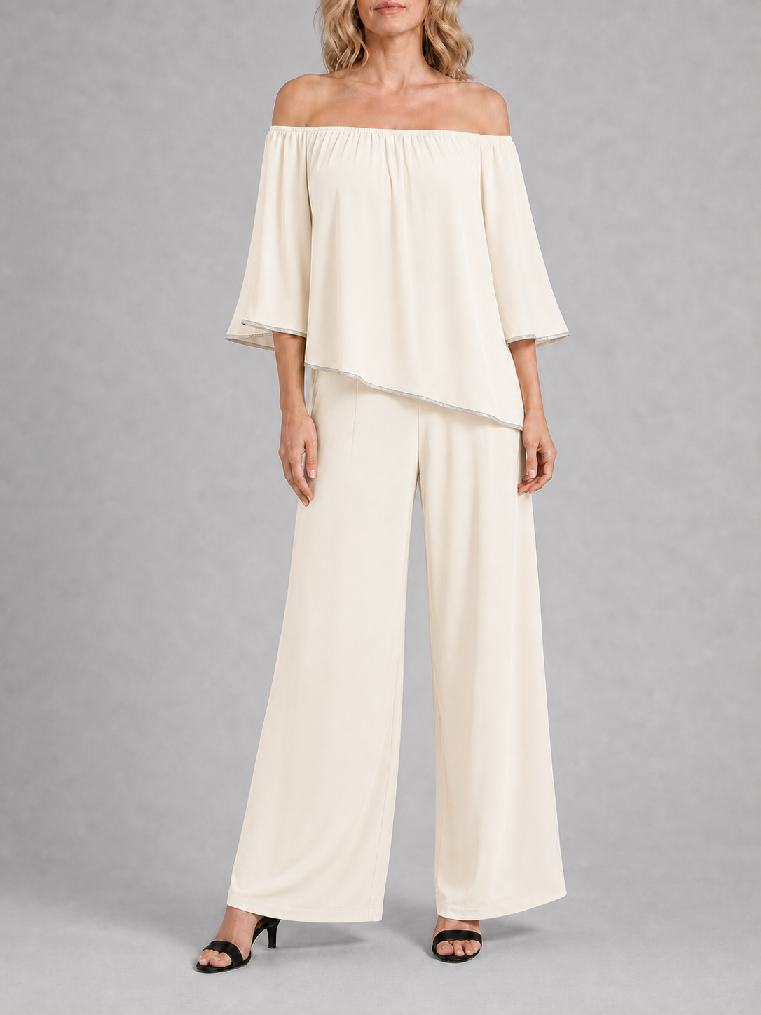 Women's ivory off-shoulder wide-leg two-piece set