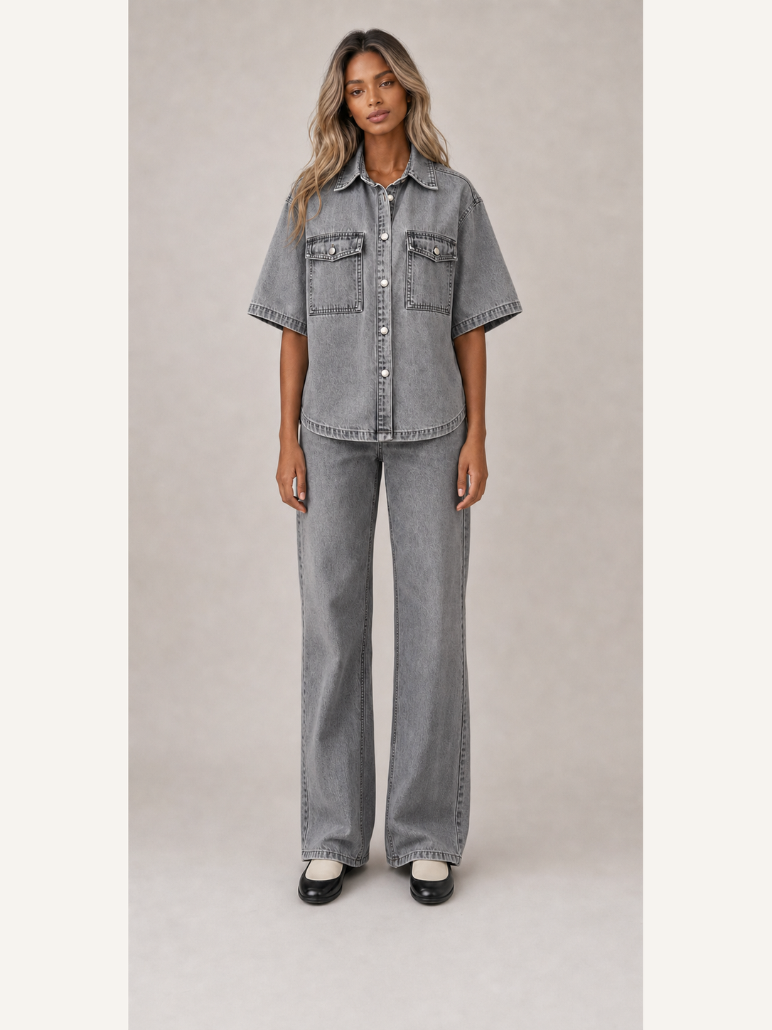 Women's charcoal gray wash denim set