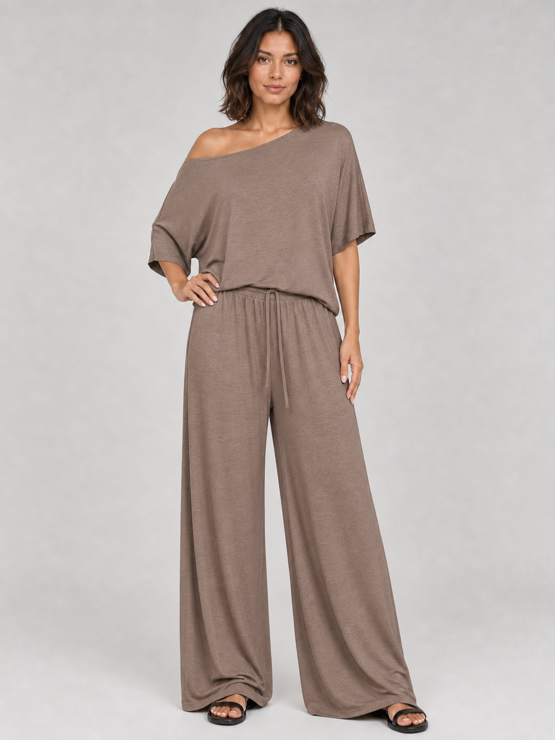 Women's mocha taupe one-shoulder wide-leg set
