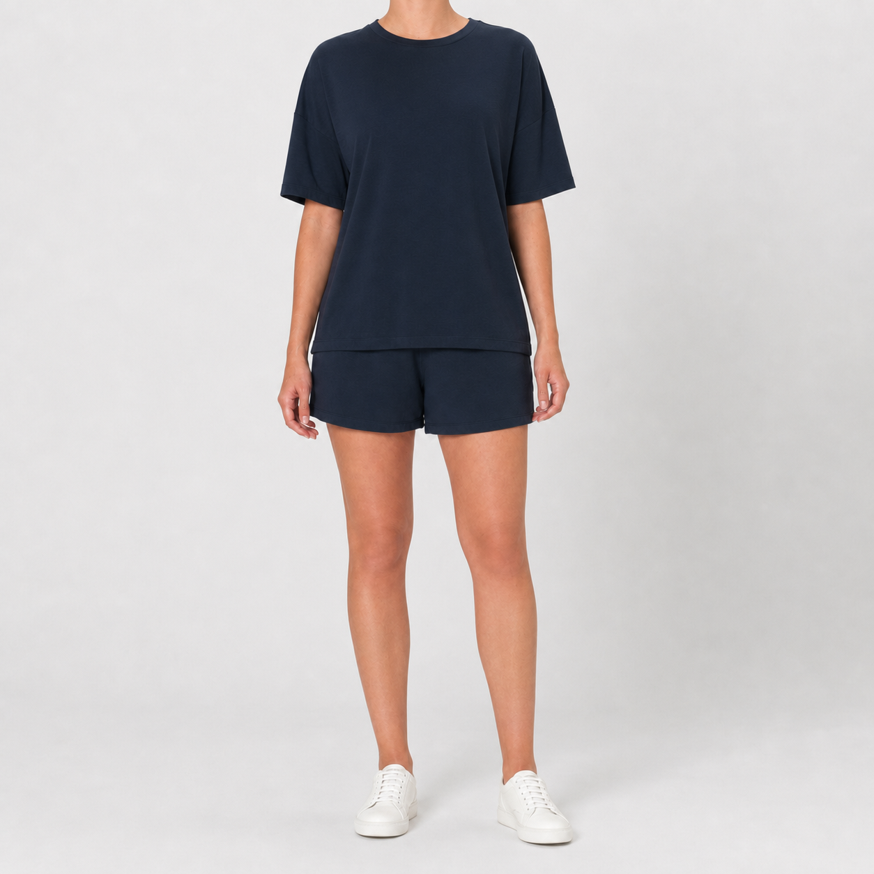 Deep navy women's relaxed top and shorts set
