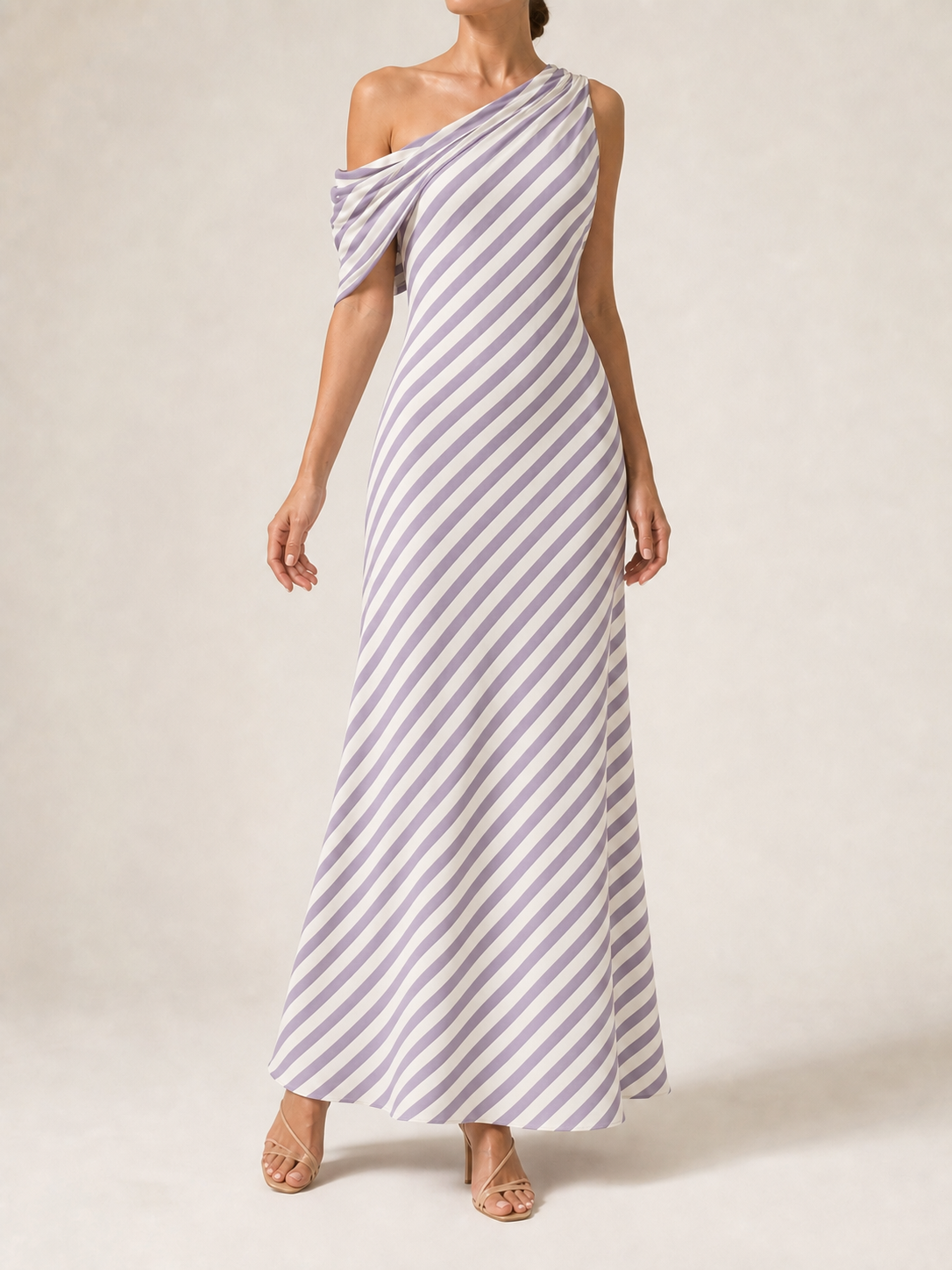 Women's lavender and ivory stripe one-shoulder maxi dress