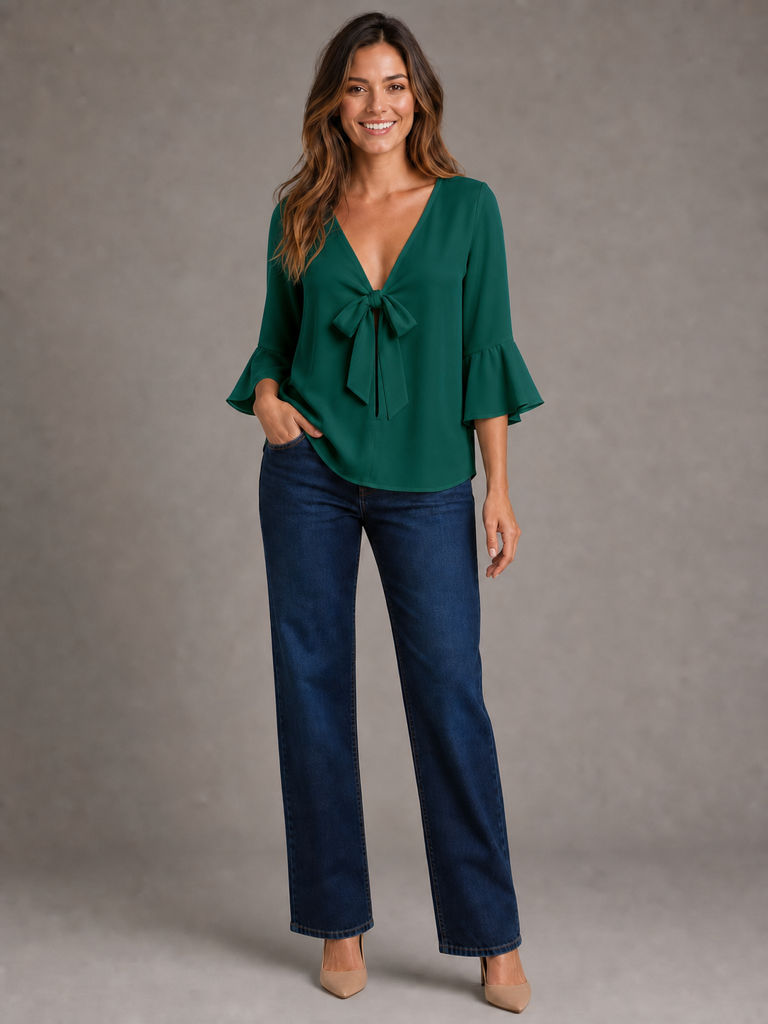 Women's emerald green tie-front blouse