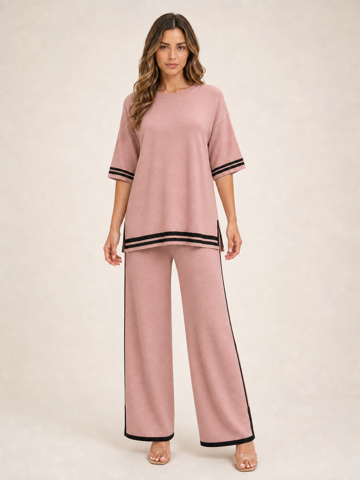 Women's dusty rose contrast trim knit pants set