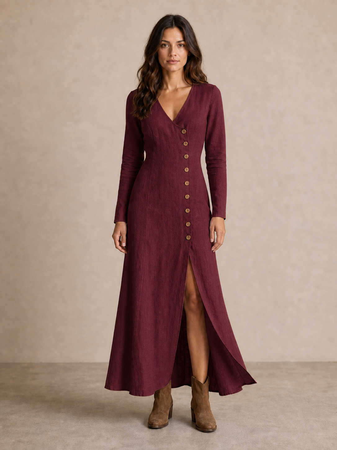 Women's burgundy V-neck button slit maxi dress