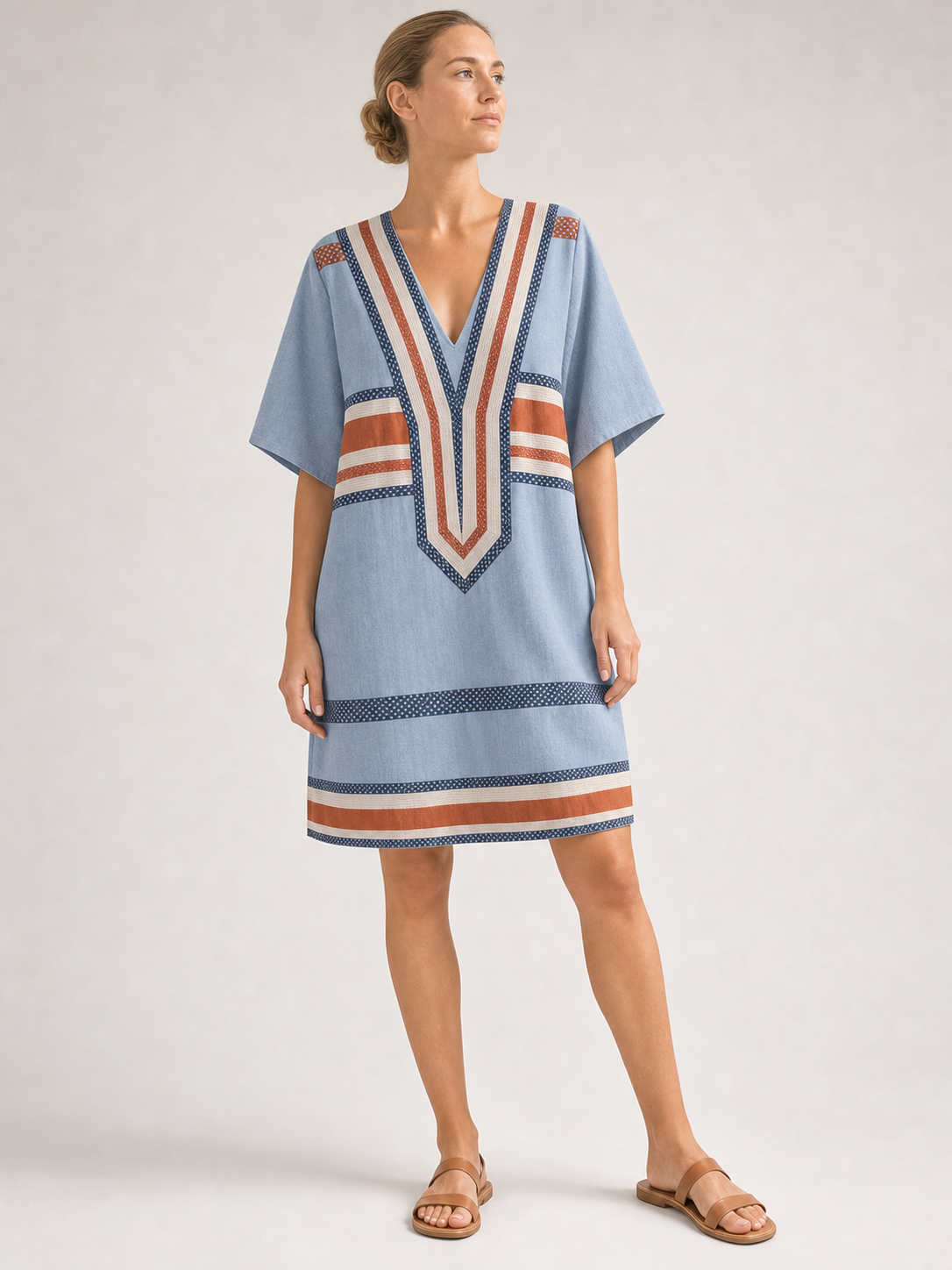 Women's dusty blue and rust geometric kaftan mini dress