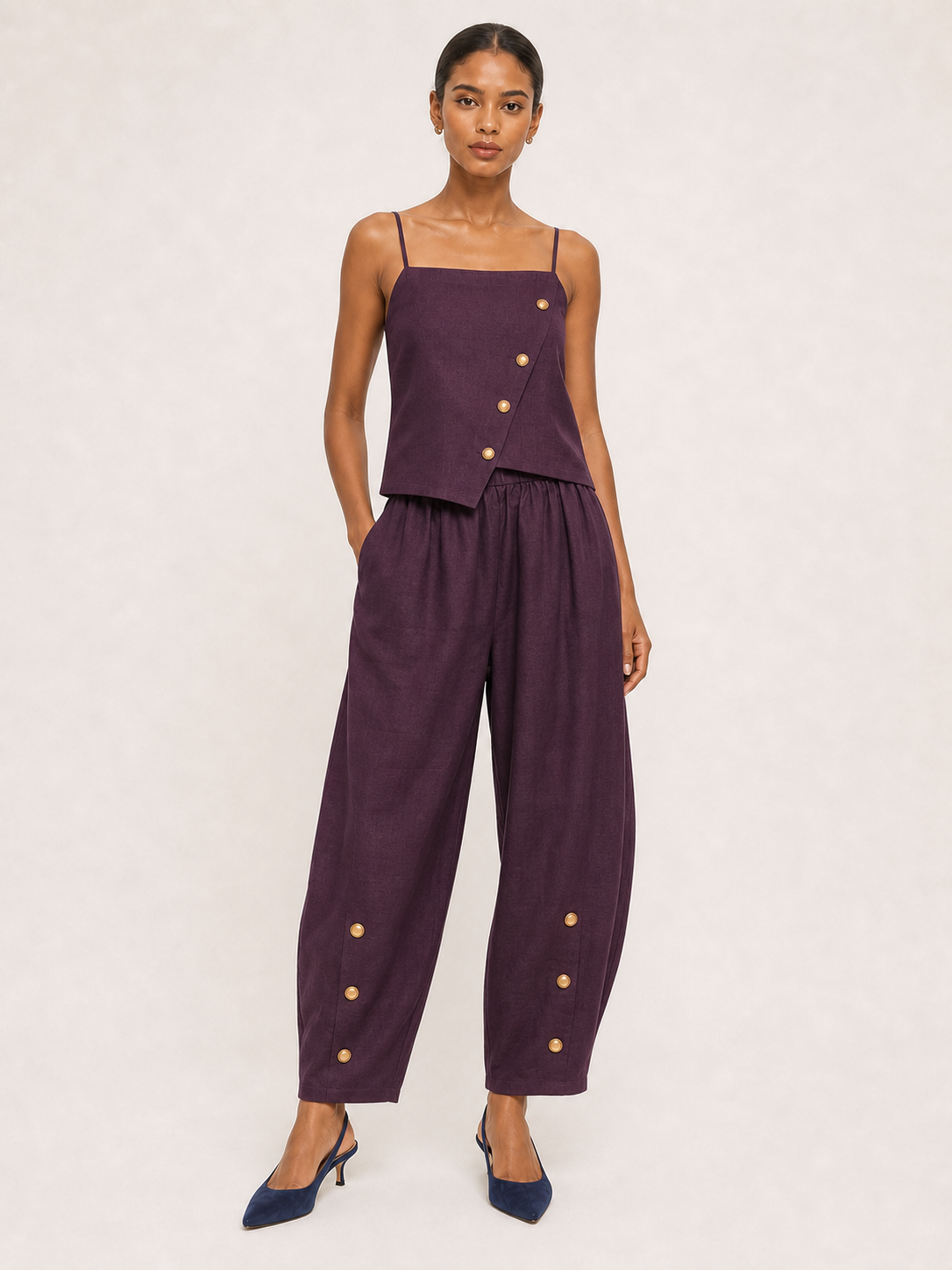 Women's plum asymmetric button two-piece set