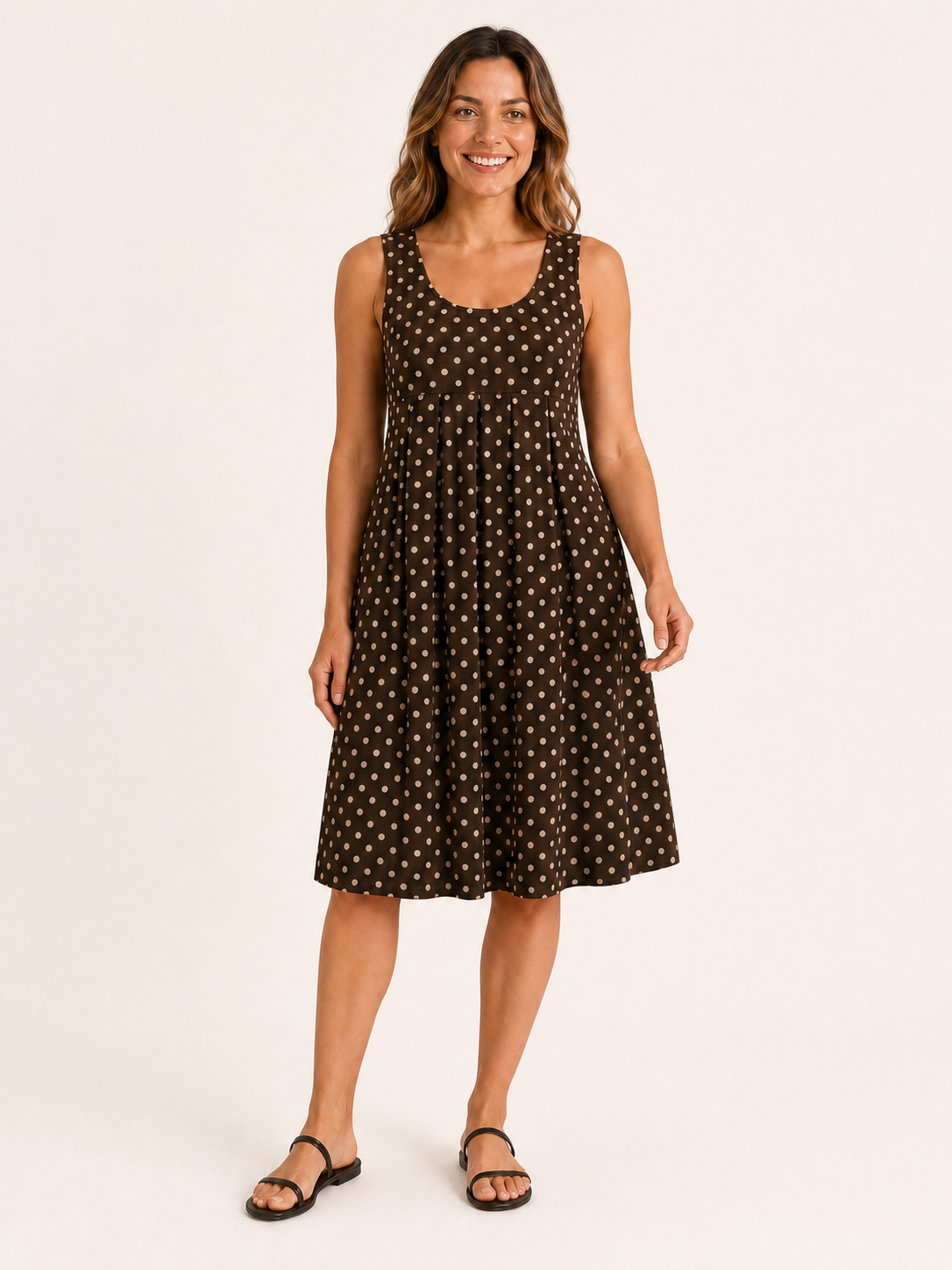 Women's chocolate and beige polka dot empire-waist dress