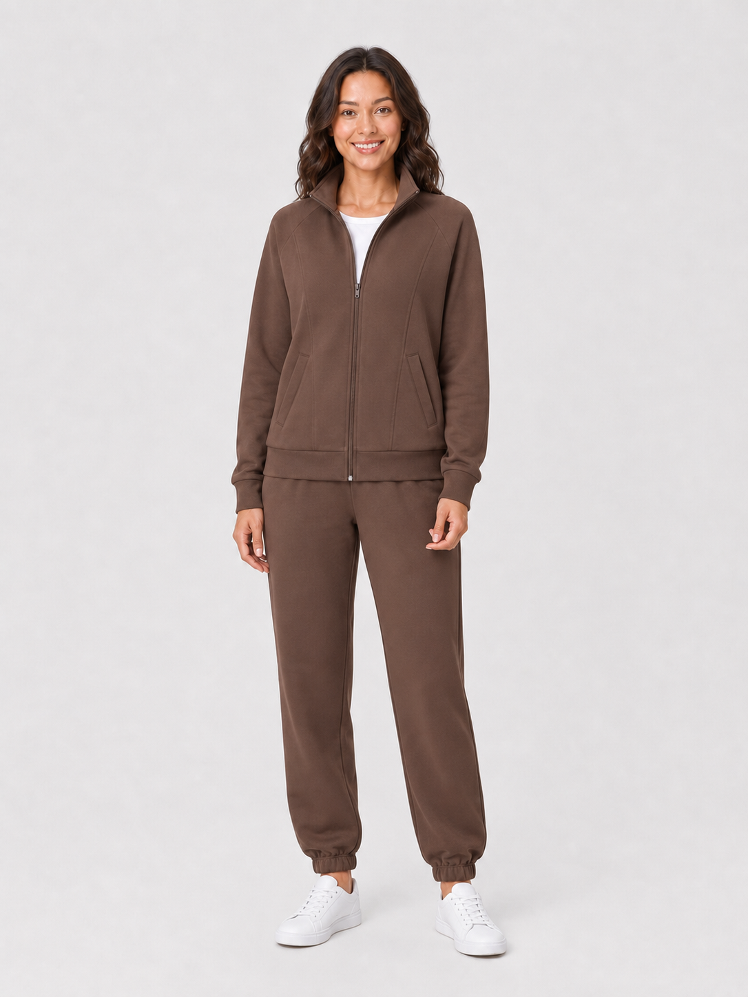 Women's jacket and jogger set in mocha brown