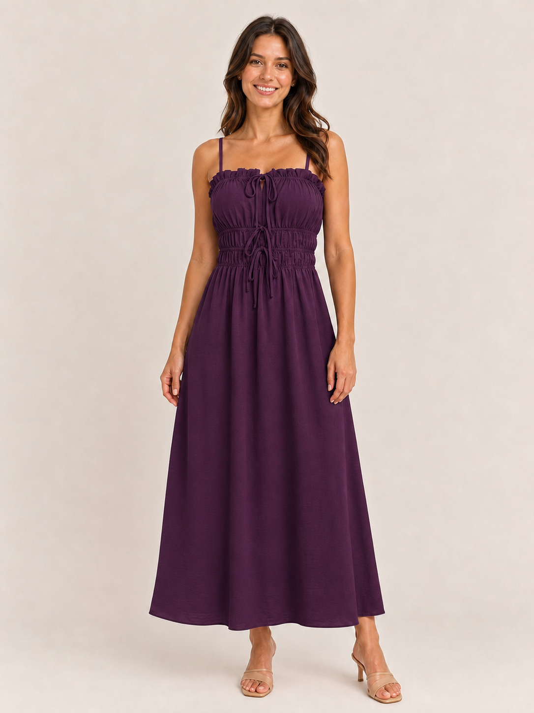Women's plum ruched drawstring maxi dress