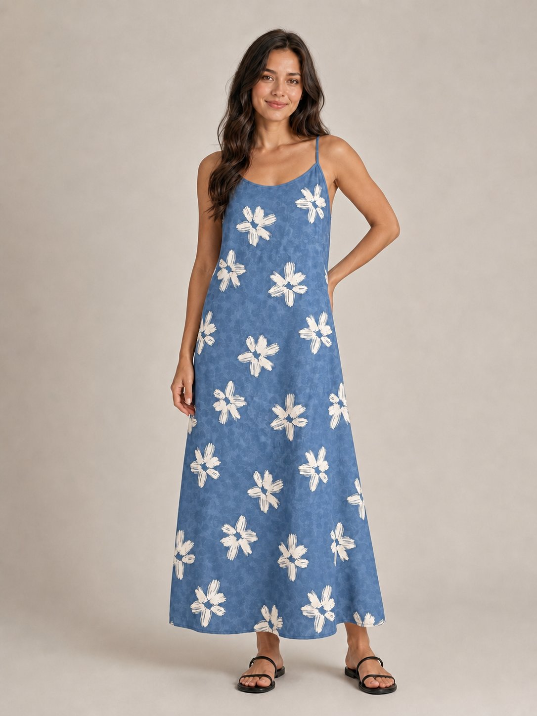 Women's dusty blue ivory floral maxi dress