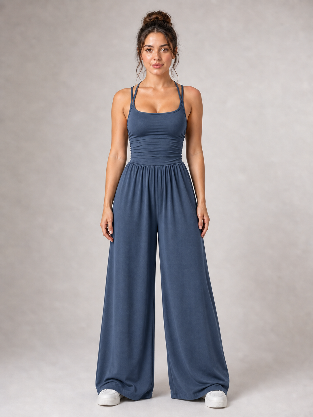 Women's slate blue scoop-neck wide-leg jumpsuit