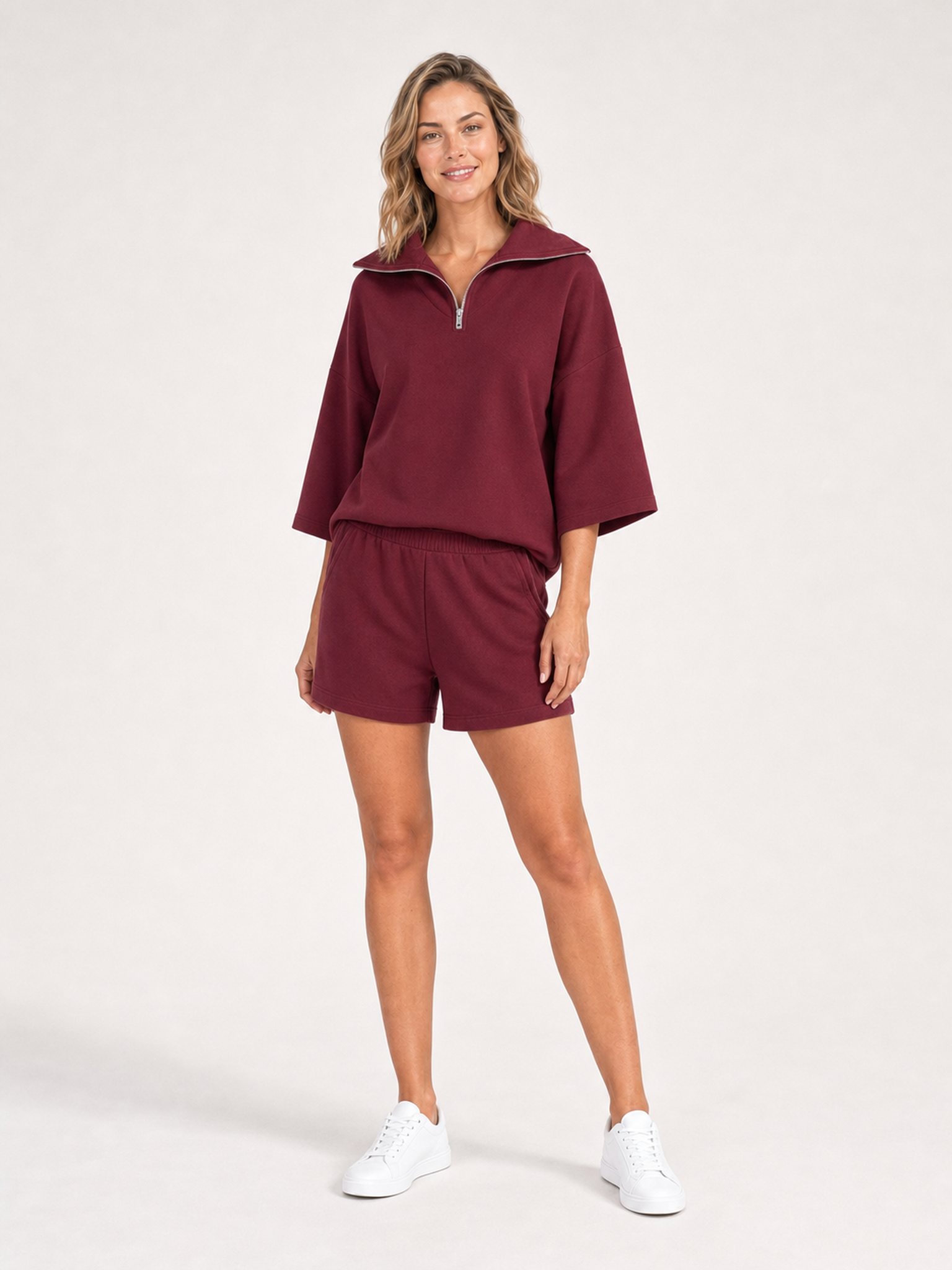 Women's burgundy half-zip wide-sleeve shorts set