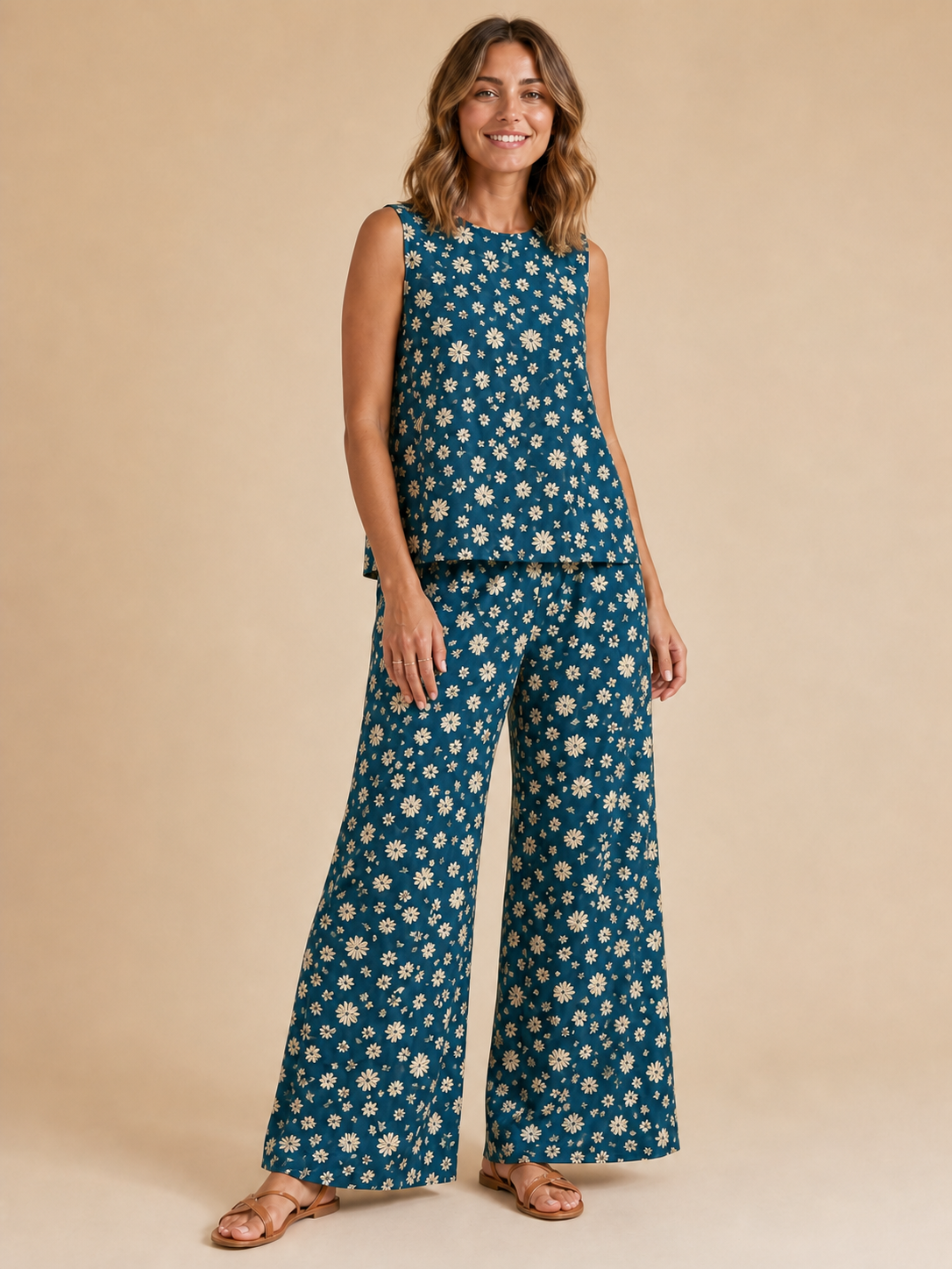 Women's deep teal daisy wide-leg set