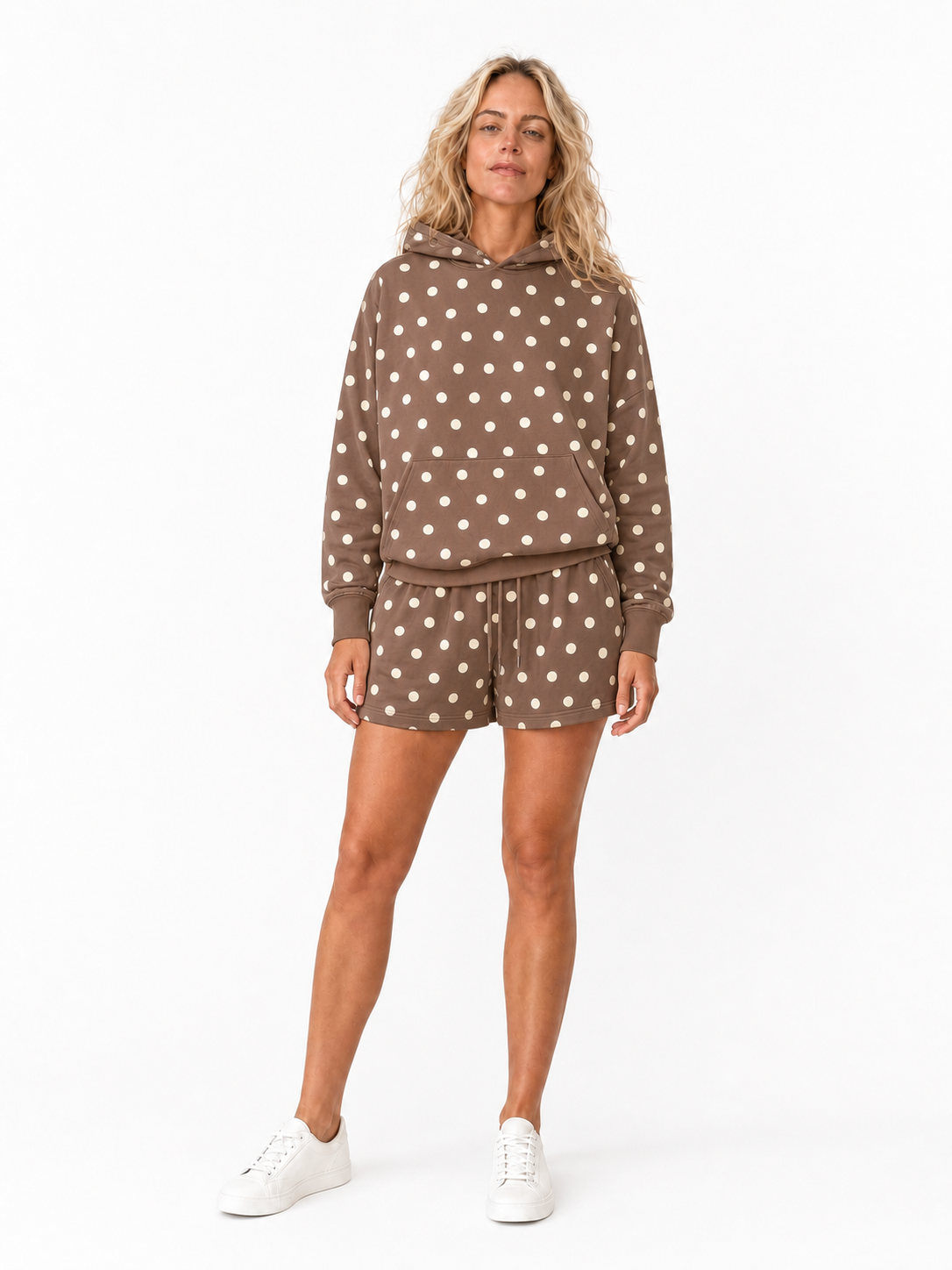 Women's mocha and ivory polka dot hoodie shorts set