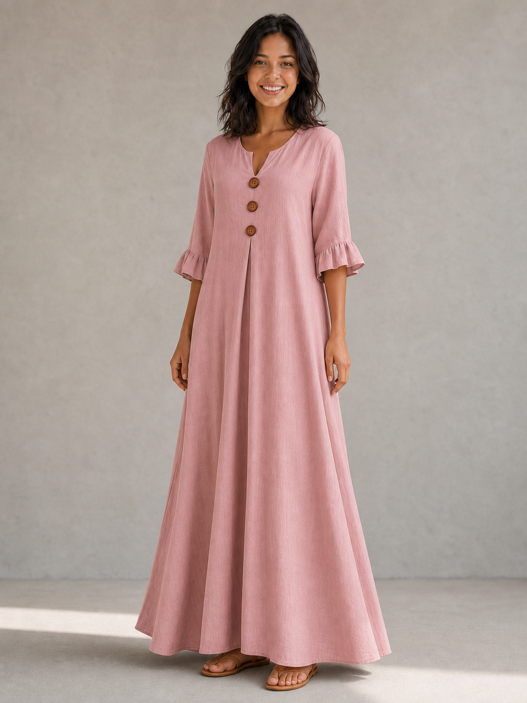 Women's wood-button maxi dress in soft rose