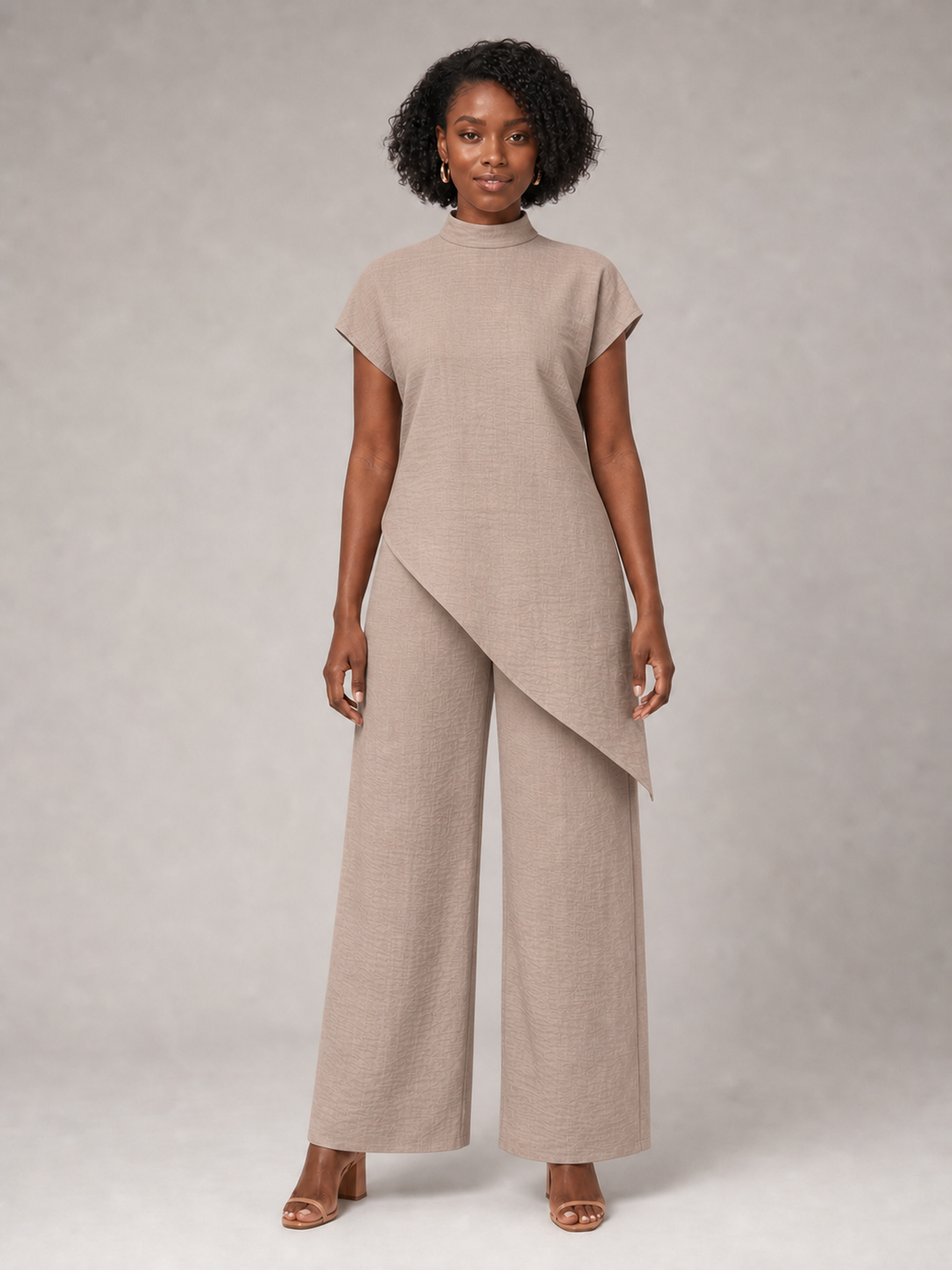 Women's warm taupe asymmetric tunic wide-leg pants set