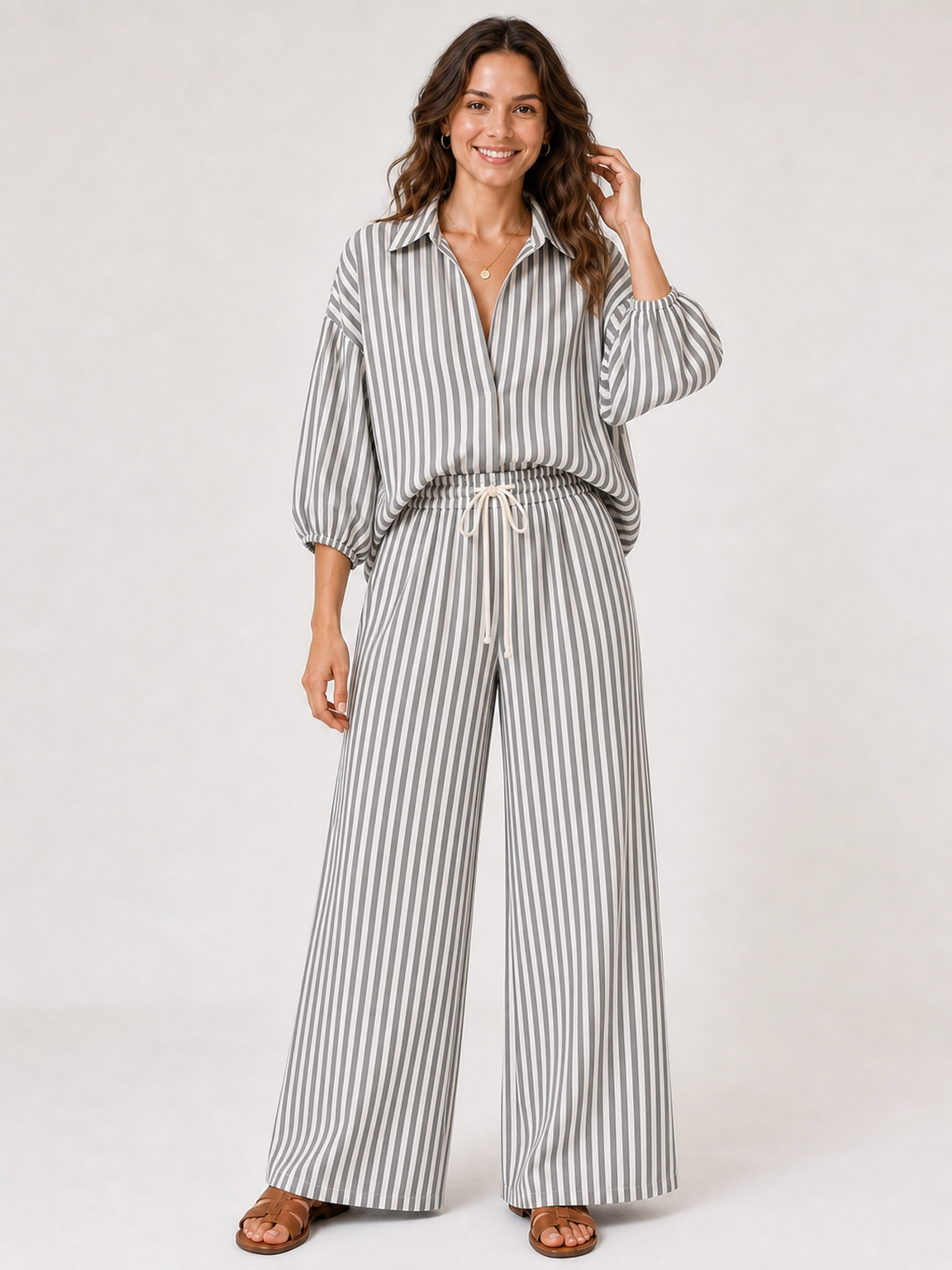 Women's charcoal and white striped pants set