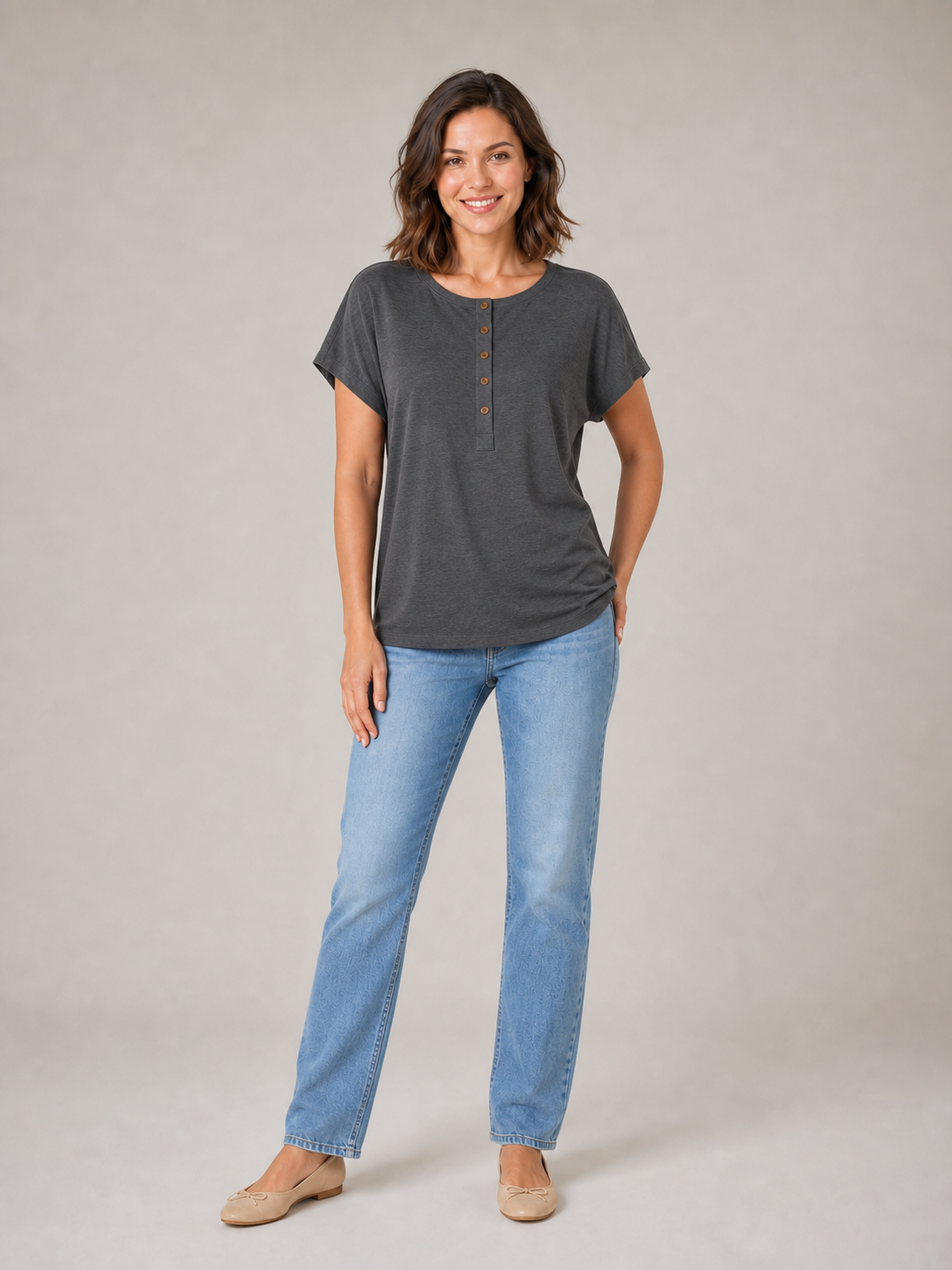 Women's charcoal gray button Henley dolman top
