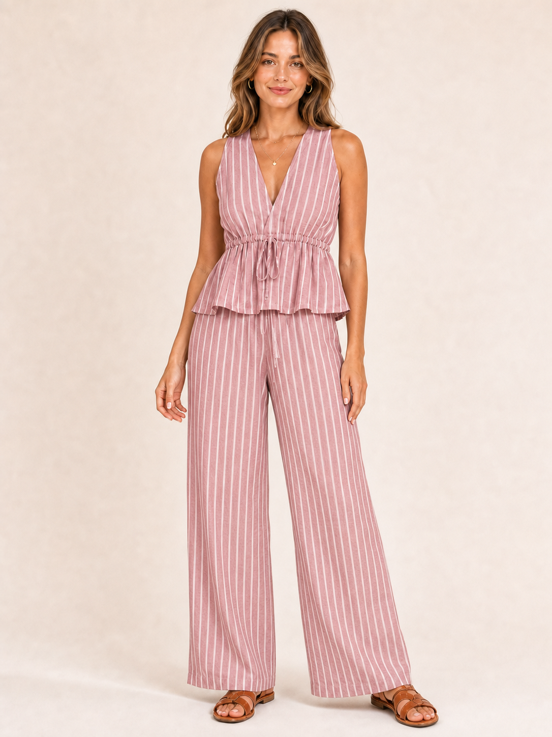 Women's dusty rose pinstripe drawstring wide leg pants set