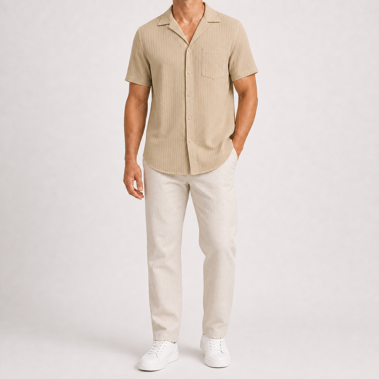 Sand beige men's pleated texture short-sleeve shirt