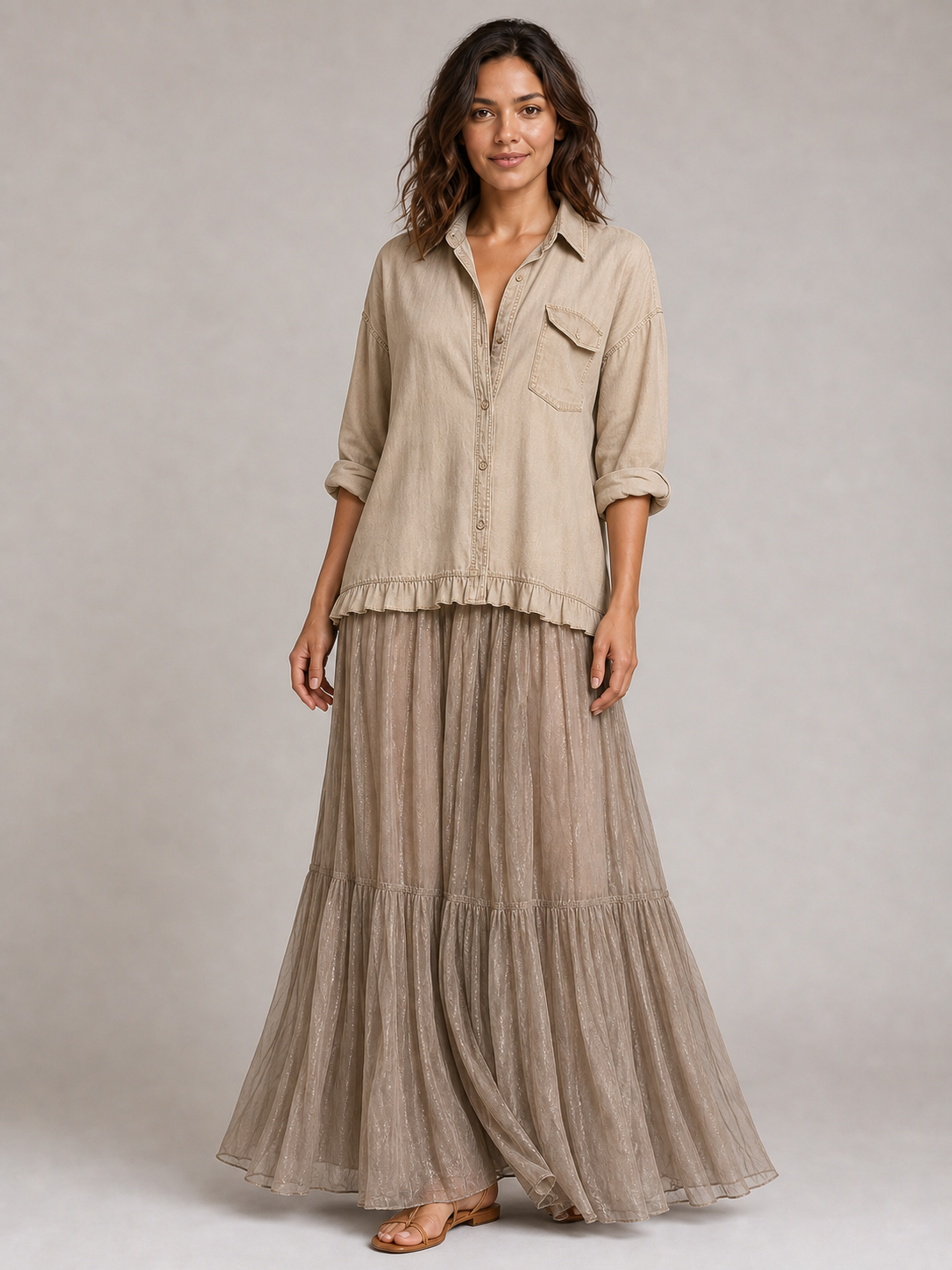 Women's sand and taupe ruffle shirt maxi skirt set