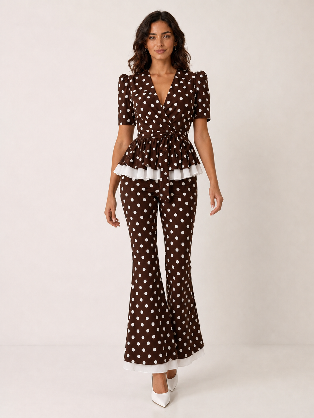 Women's chocolate brown polka dot peplum and flare pants set