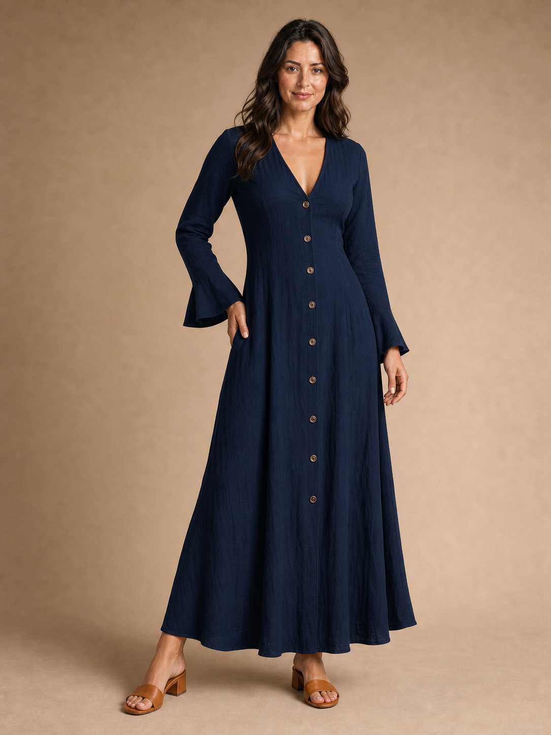 Women's midnight navy V-neck bell-sleeve maxi dress