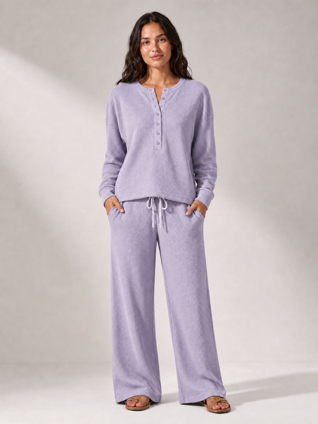 Women's waffle Henley wide-leg lounge set in lavender