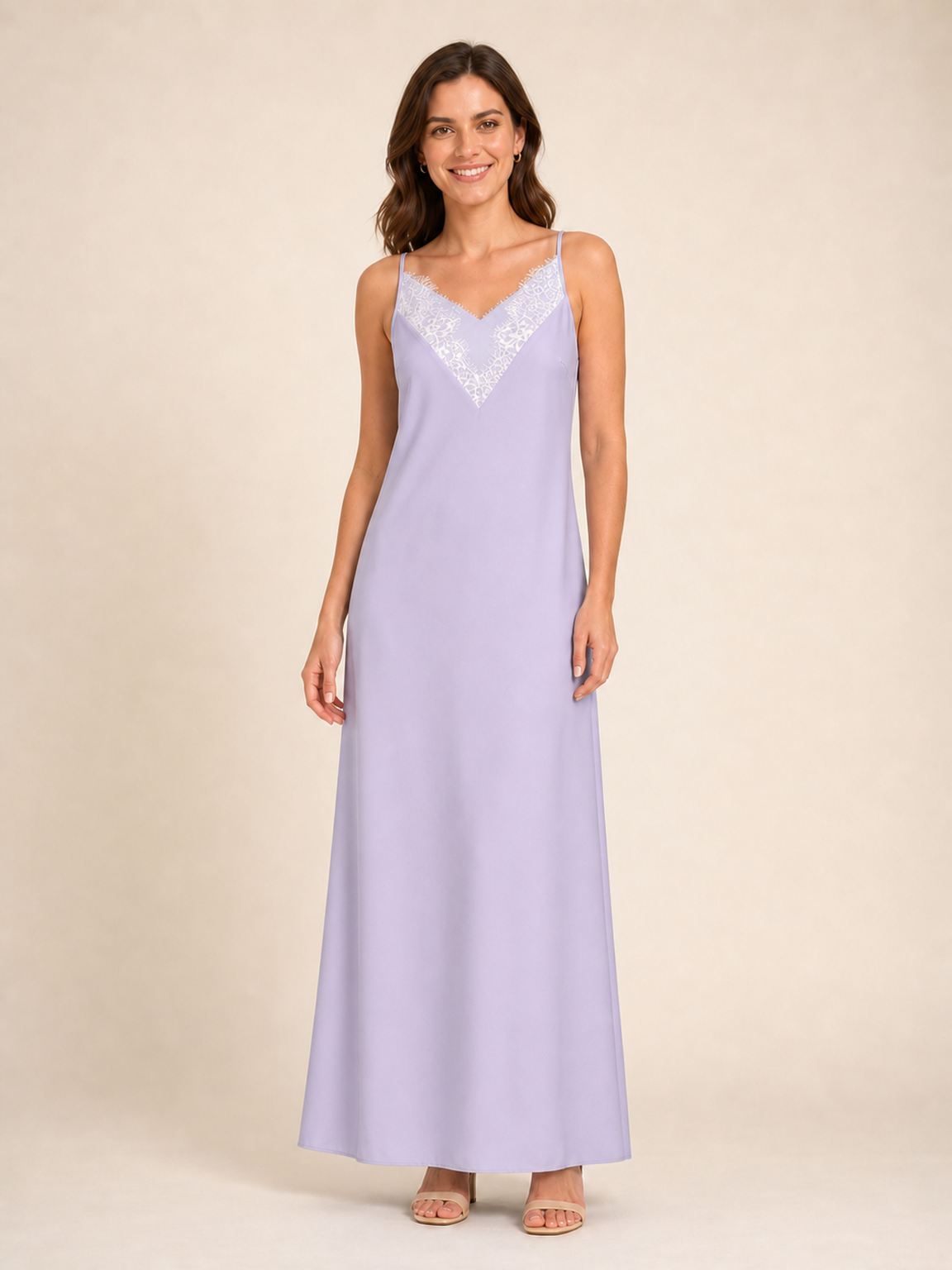 Women's lavender lace trim slip maxi dress