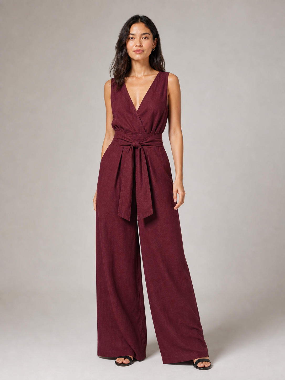 Women's burgundy wrap V-neck wide-leg jumpsuit