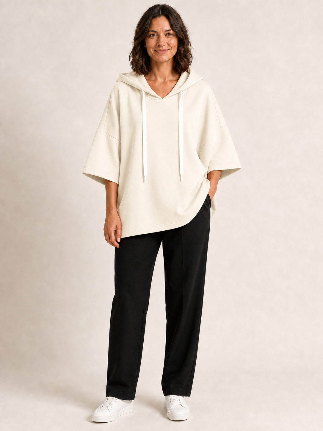 Women's cream oversized short-sleeve hoodie top