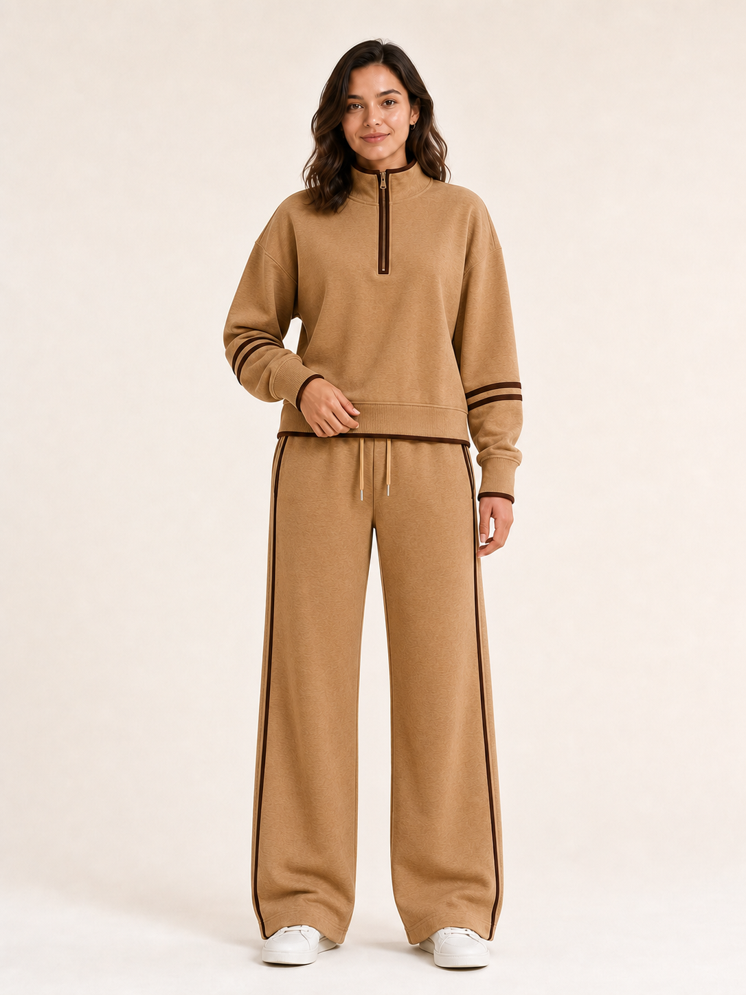 Women's half-zip wide-leg set in camel and chocolate