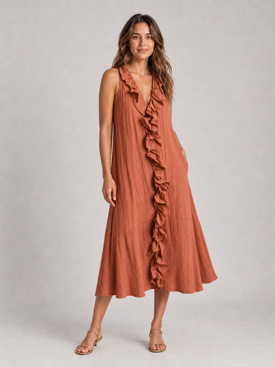 Women's terracotta cascading ruffle loose midi dress