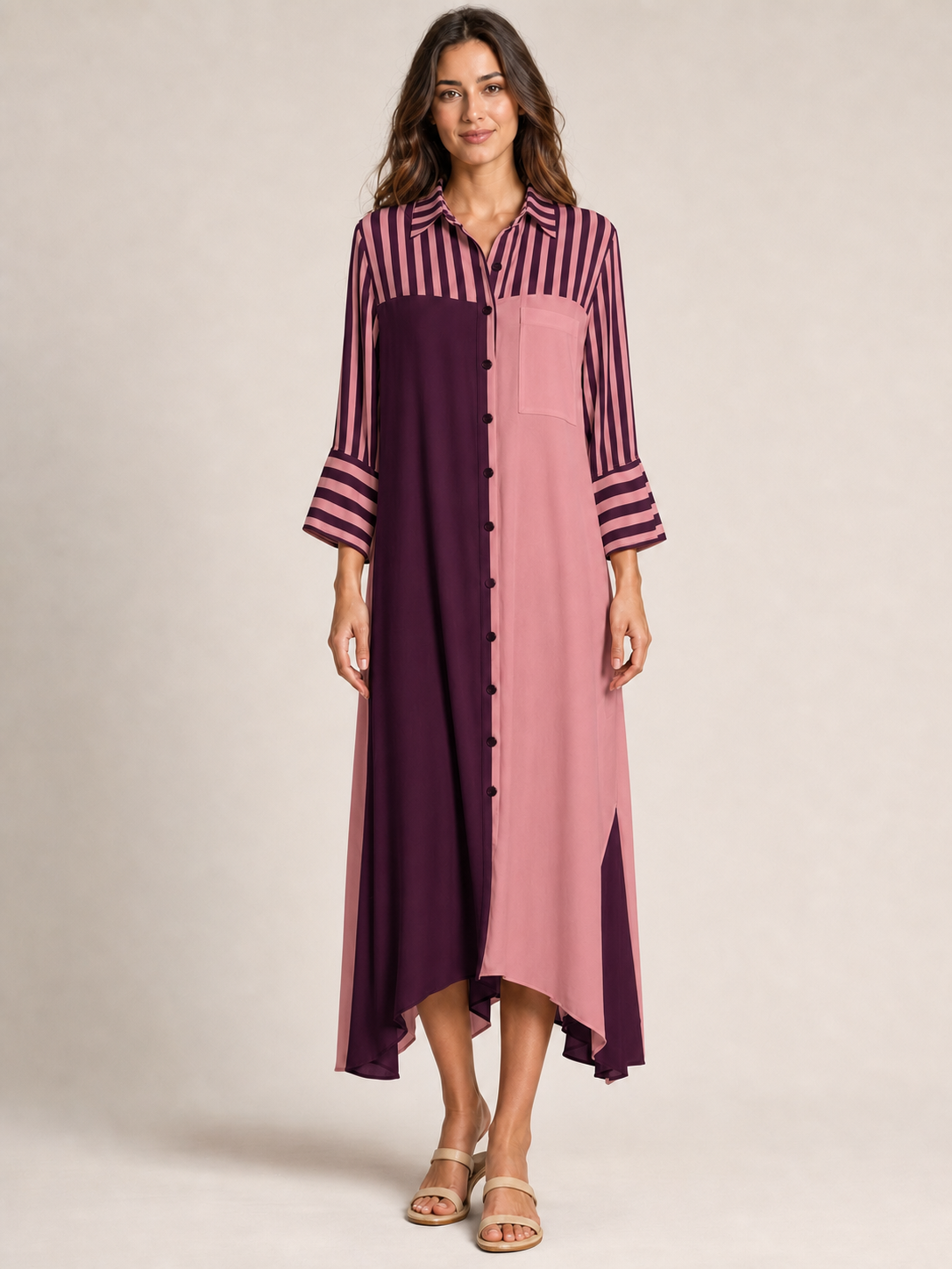 Plum dusty rose colorblock striped shirt dress