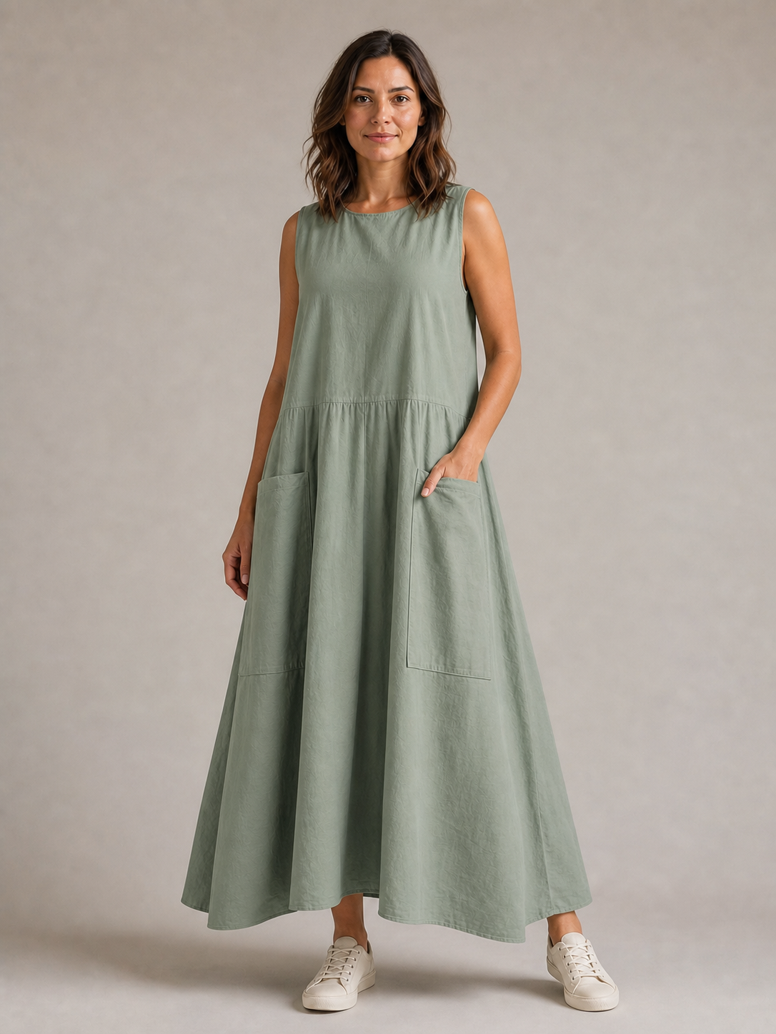 Women's sage green sleeveless utility pocket maxi dress